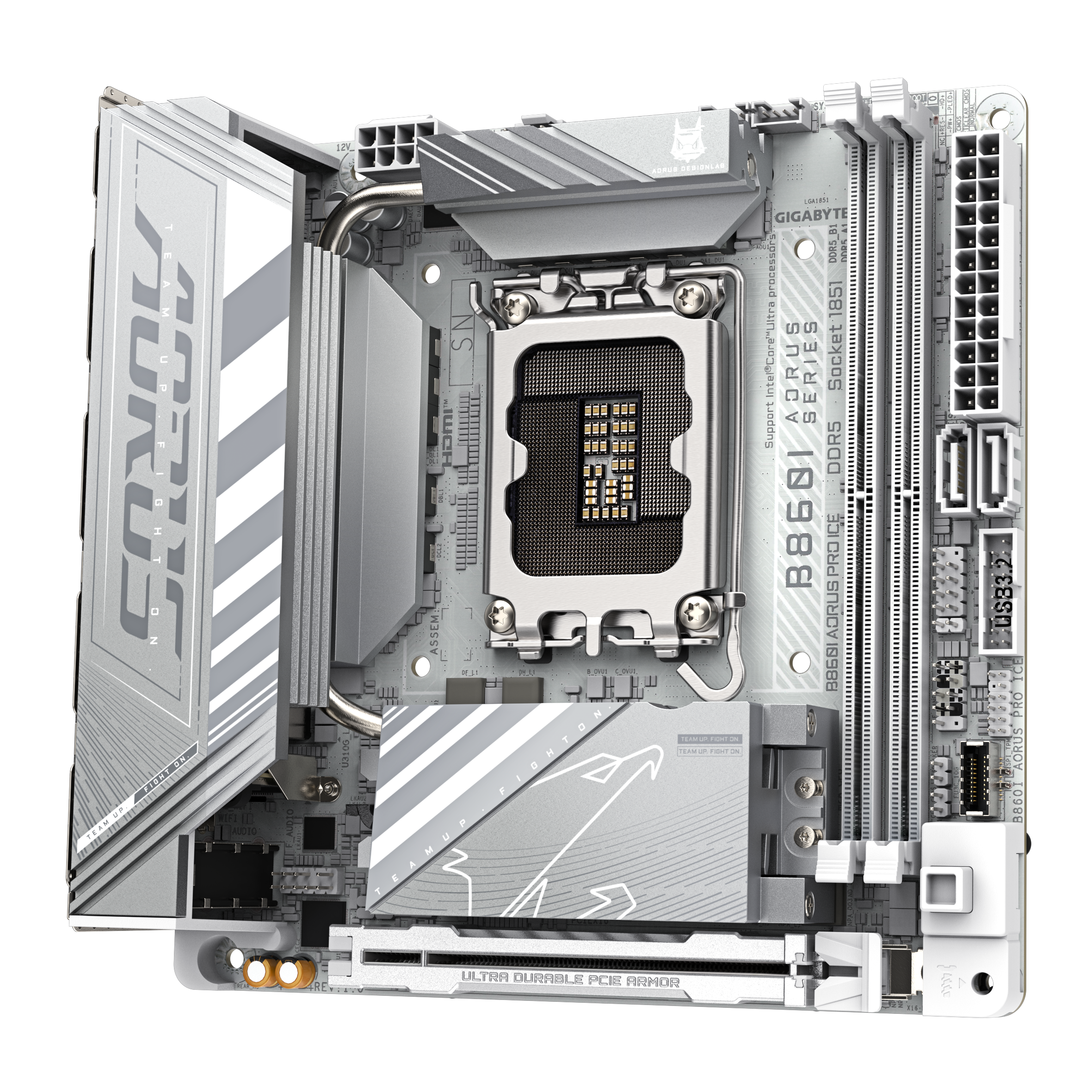 A large main feature product image of Gigabyte B860I AORUS PRO ICE LGA1851 Mini-ITX Desktop Motherboard