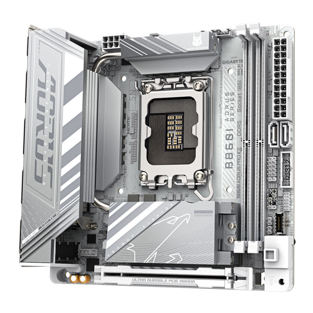 A large main feature product image of Gigabyte B860I AORUS PRO ICE LGA1851 Mini-ITX Desktop Motherboard