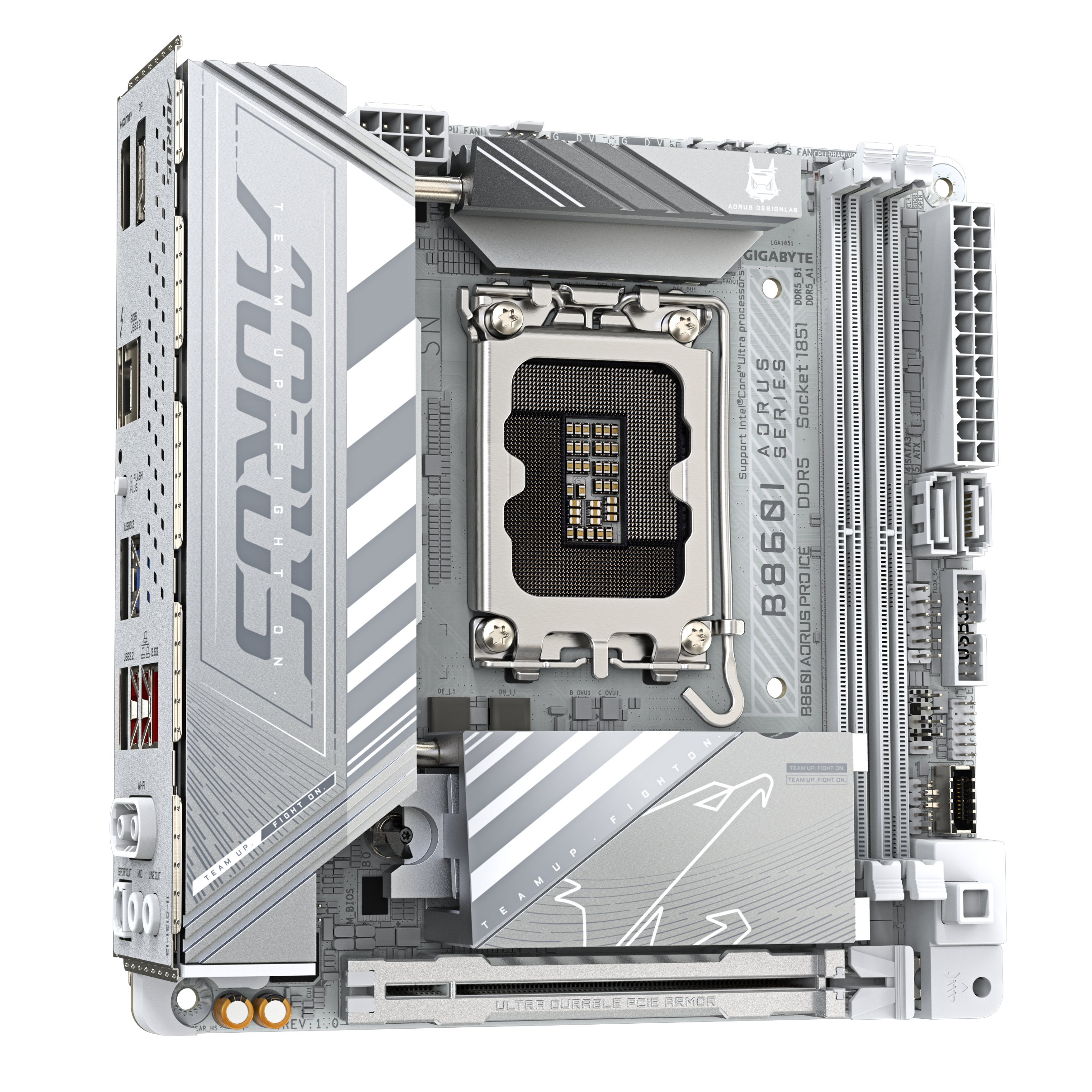 A large main feature product image of Gigabyte B860I AORUS PRO ICE LGA1851 Mini-ITX Desktop Motherboard