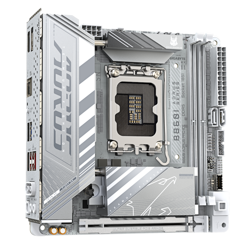 A large main feature product image of Gigabyte B860I AORUS PRO ICE LGA1851 Mini-ITX Desktop Motherboard