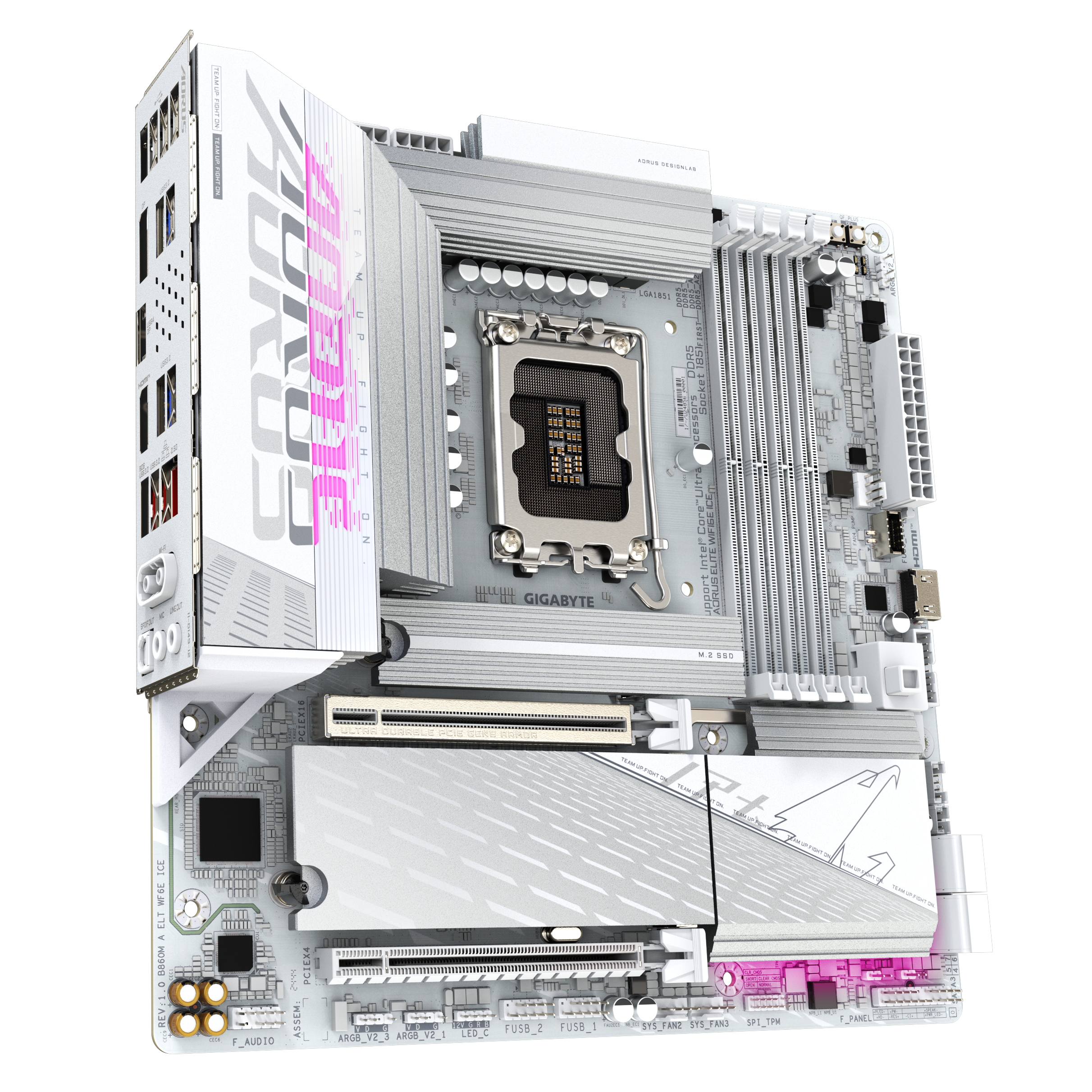 A large main feature product image of Gigabyte B860M AORUS ELITE WIFI6E ICE LGA1851 mATX Desktop Motherboard