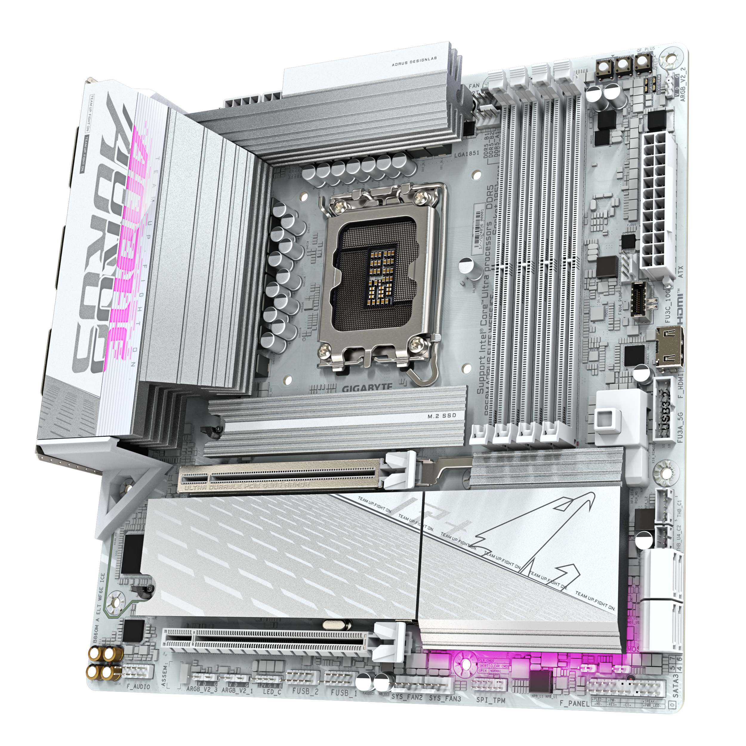 A large main feature product image of Gigabyte B860M AORUS ELITE WIFI6E ICE LGA1851 mATX Desktop Motherboard