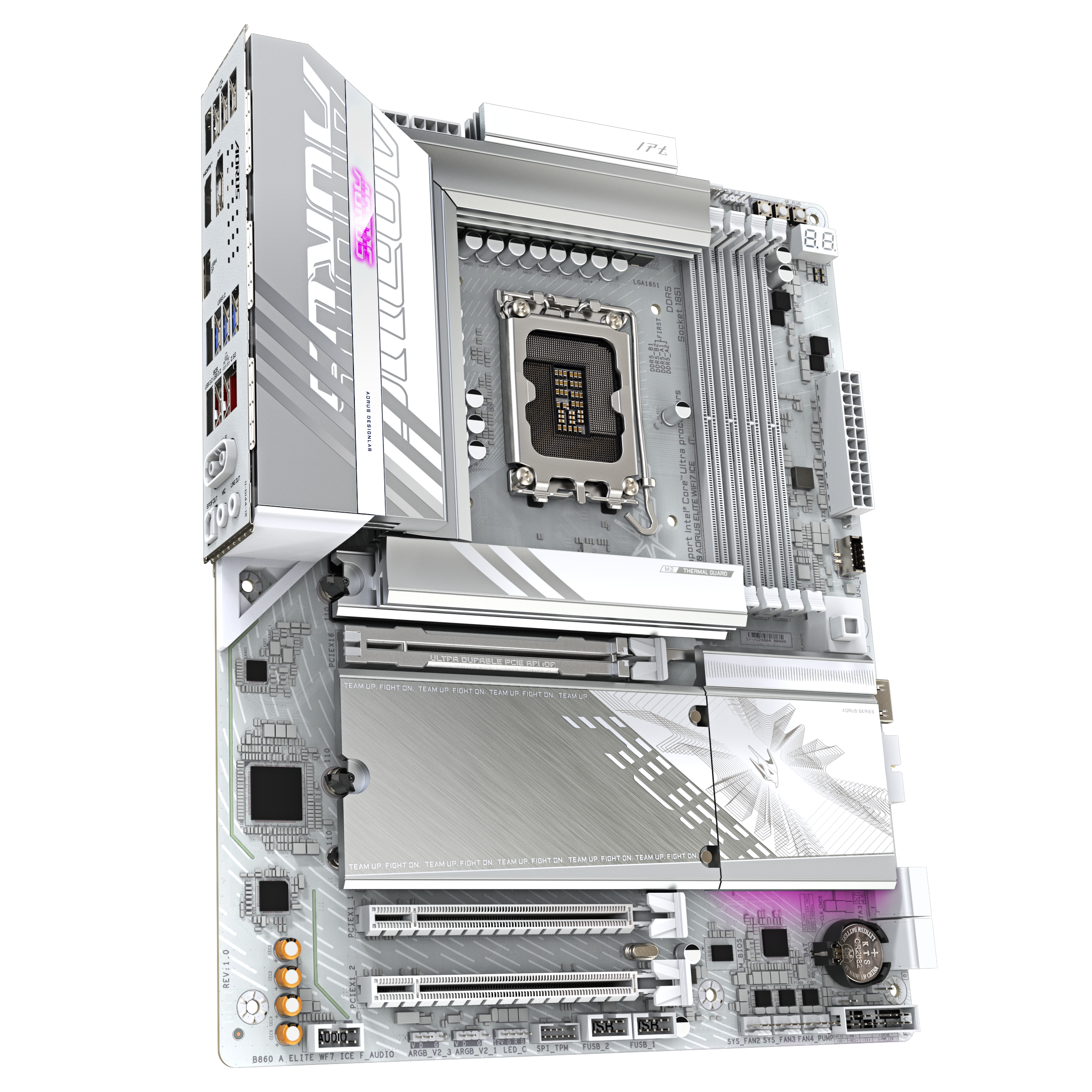 A large main feature product image of Gigabyte B860 AORUS ELITE WIFI7 ICE LGA1851 ATX  Desktop Motherboard