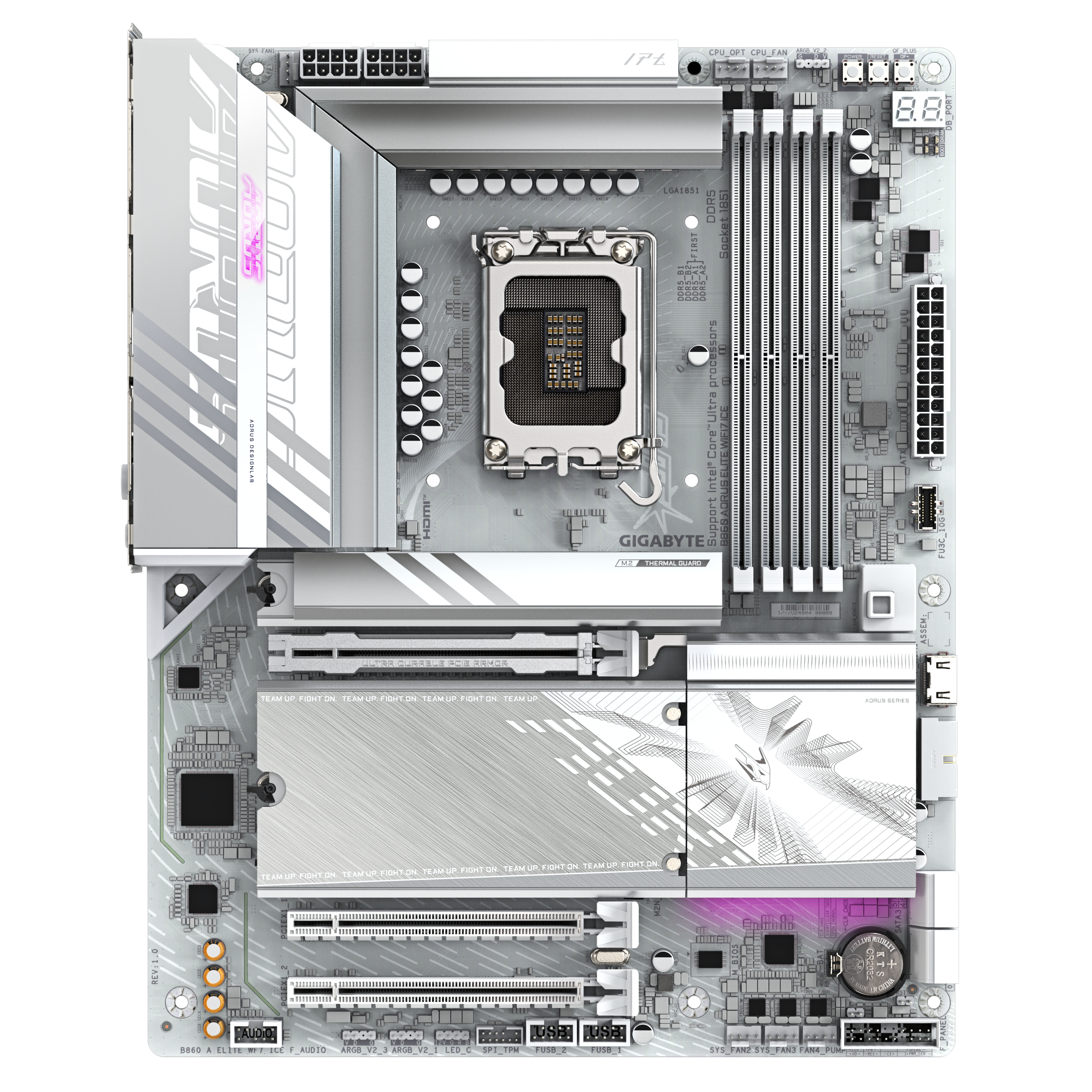 A large main feature product image of Gigabyte B860 AORUS ELITE WIFI7 ICE LGA1851 ATX  Desktop Motherboard