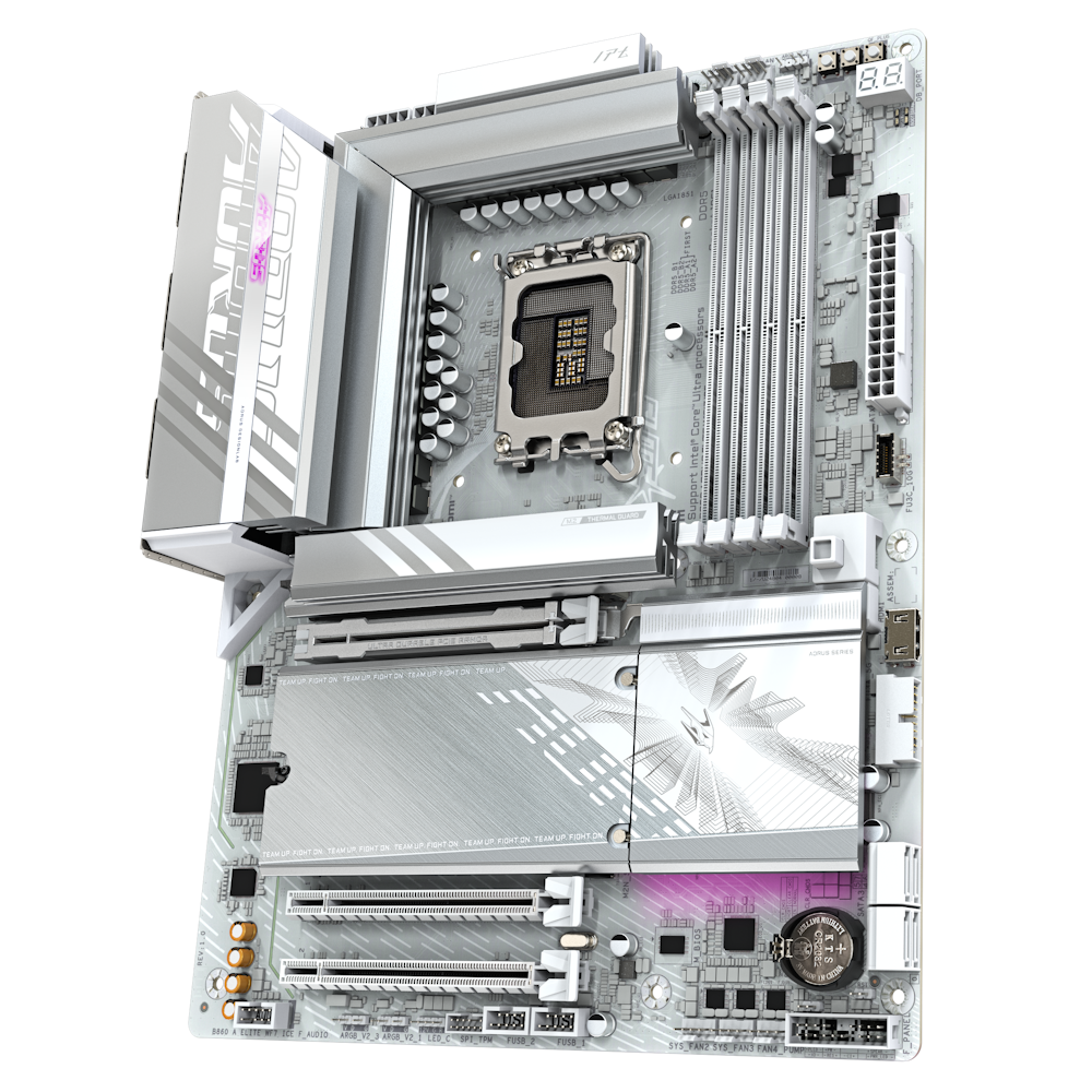 A large main feature product image of Gigabyte B860 AORUS ELITE WIFI7 ICE LGA1851 ATX Desktop Motherboard