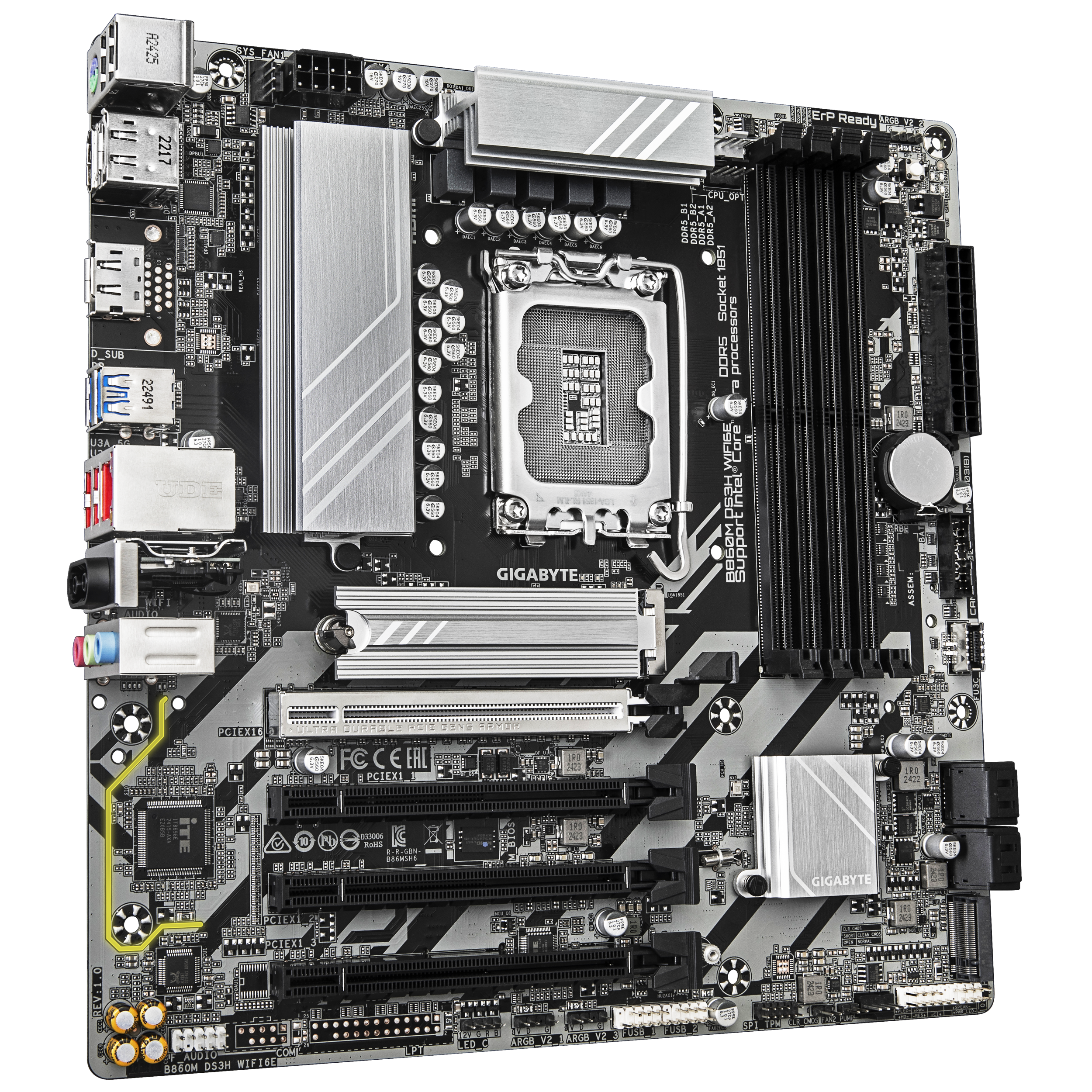 A large main feature product image of Gigabyte B860M DS3H WiFi6E LGA1851 mATX Desktop Motherboard