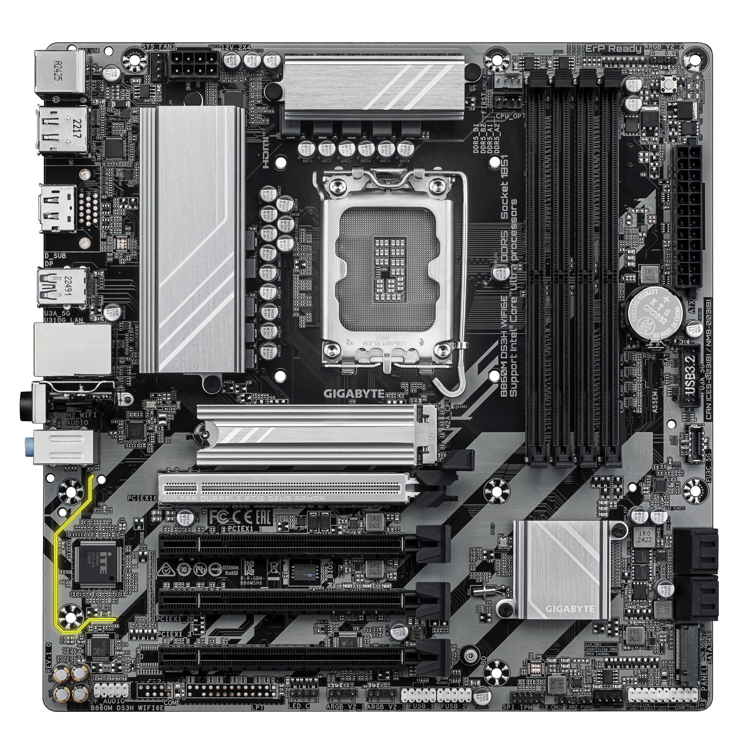 A large main feature product image of Gigabyte B860M DS3H WiFi6E LGA1851 mATX Desktop Motherboard