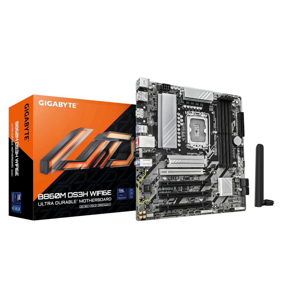 A large main feature product image of Gigabyte B860M DS3H WiFi6E LGA1851 mATX Desktop Motherboard