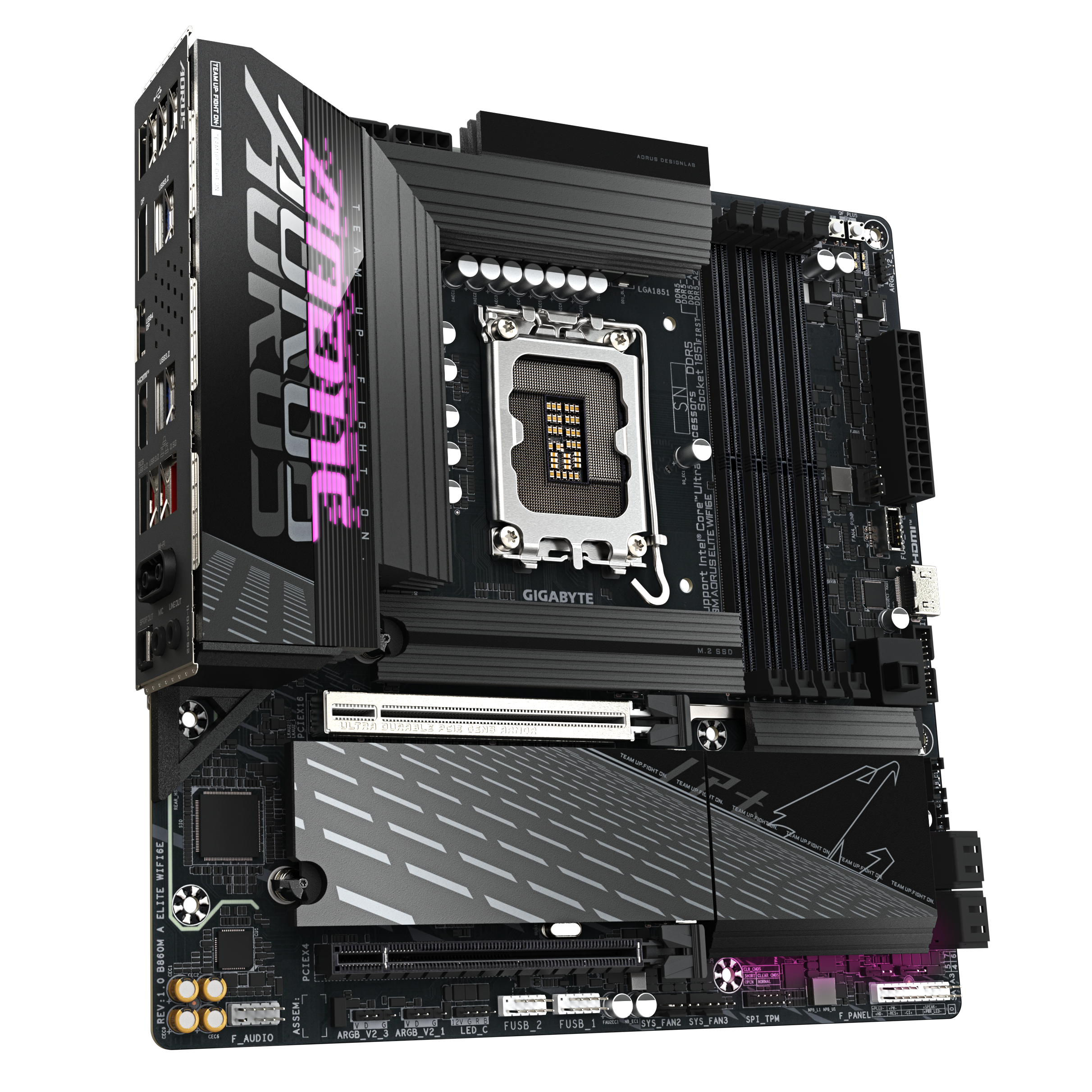A large main feature product image of Gigabyte B860M AORUS ELITE WIFI6E LGA1851 mATX Desktop Motherboard