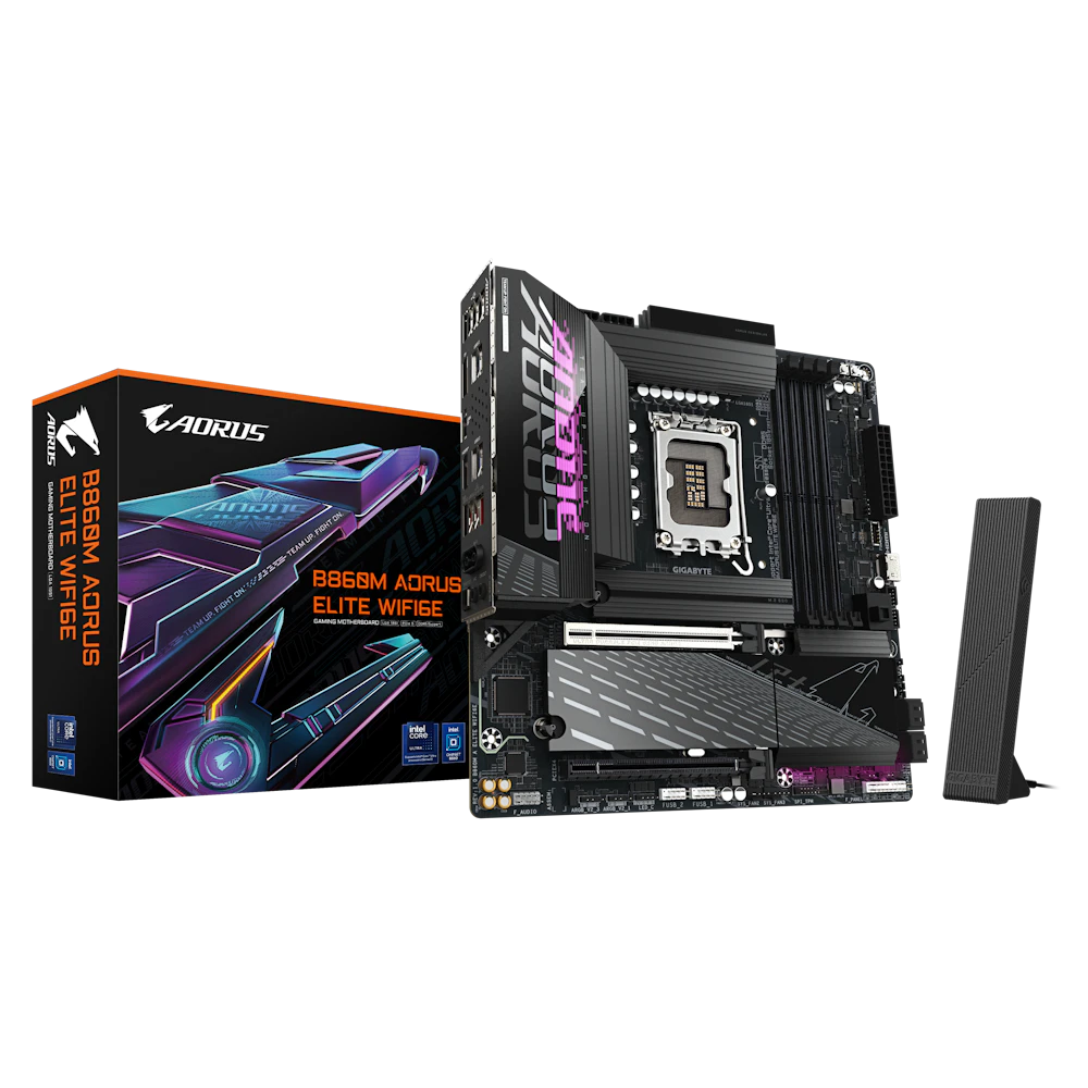 A large main feature product image of Gigabyte B860M AORUS ELITE WIFI6E LGA1851 mATX Desktop Motherboard