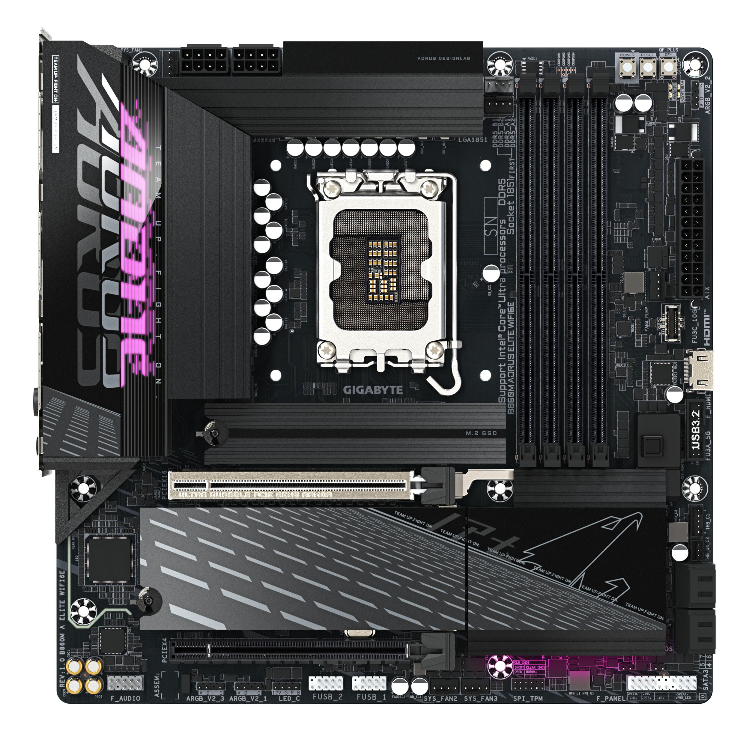 A large main feature product image of Gigabyte B860M AORUS ELITE WIFI6E LGA1851 mATX Desktop Motherboard