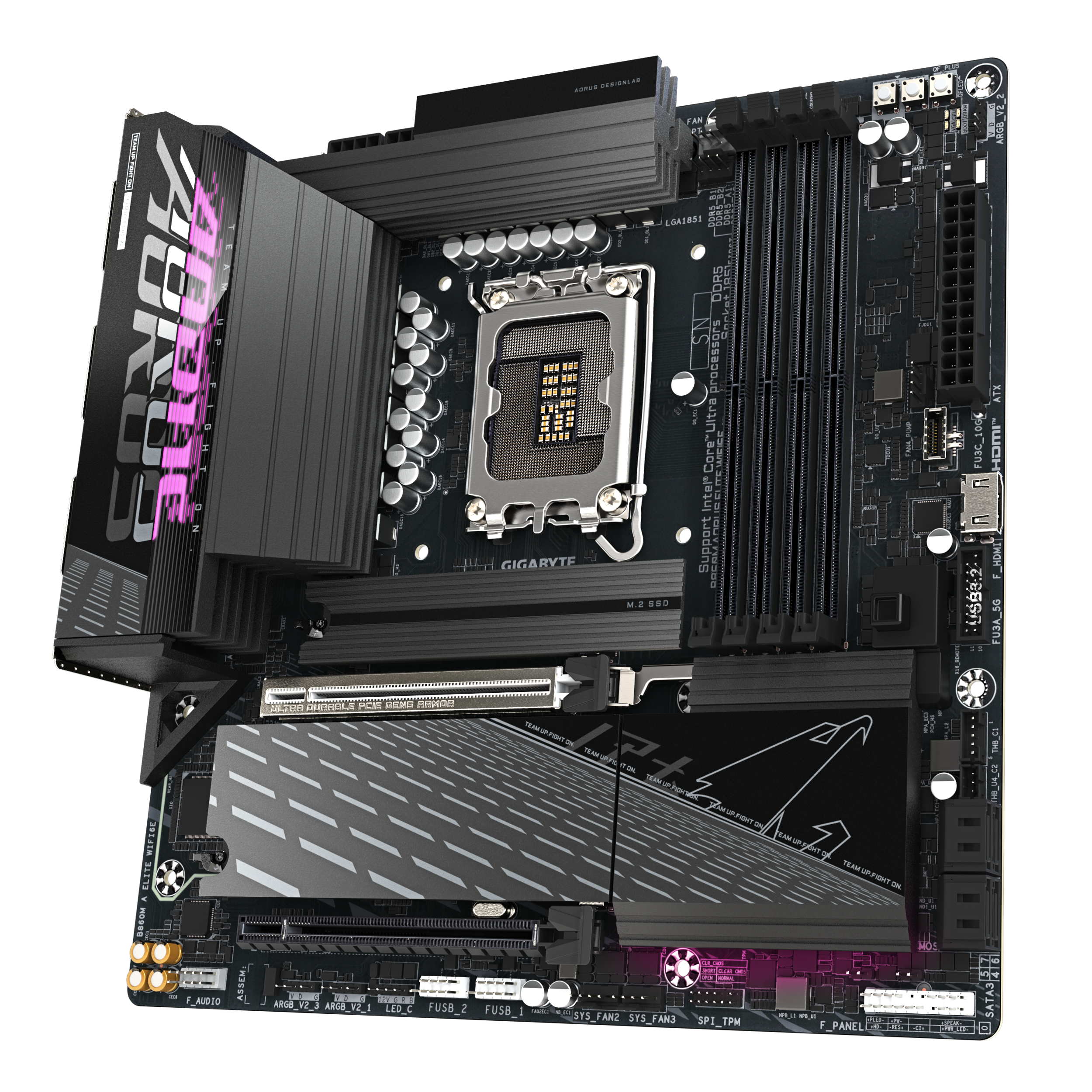 A large main feature product image of Gigabyte B860M AORUS ELITE WIFI6E LGA1851 mATX Desktop Motherboard