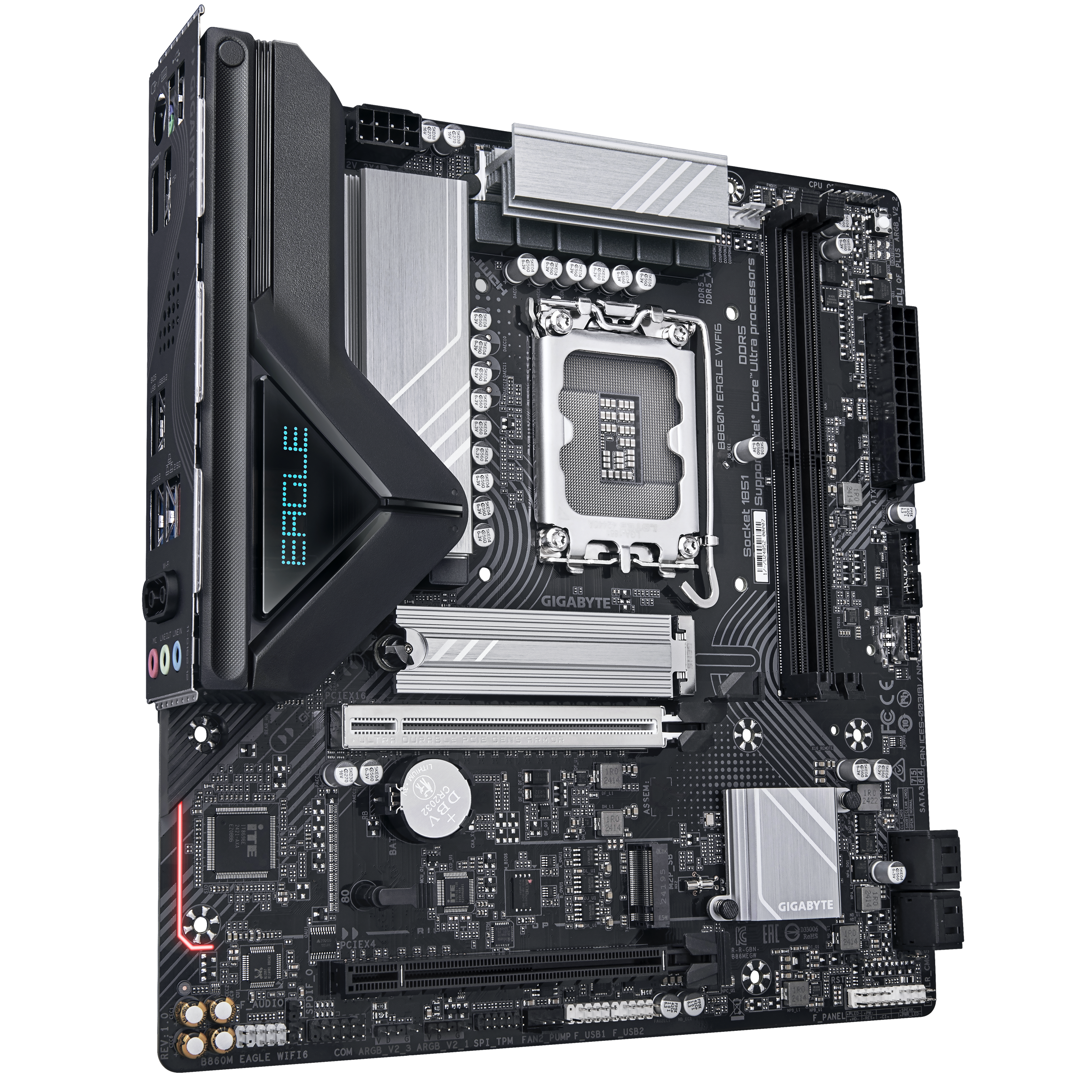 A large main feature product image of Gigabyte B860M Eagle WiFi6 LGA1851 mATX Desktop Motherboard