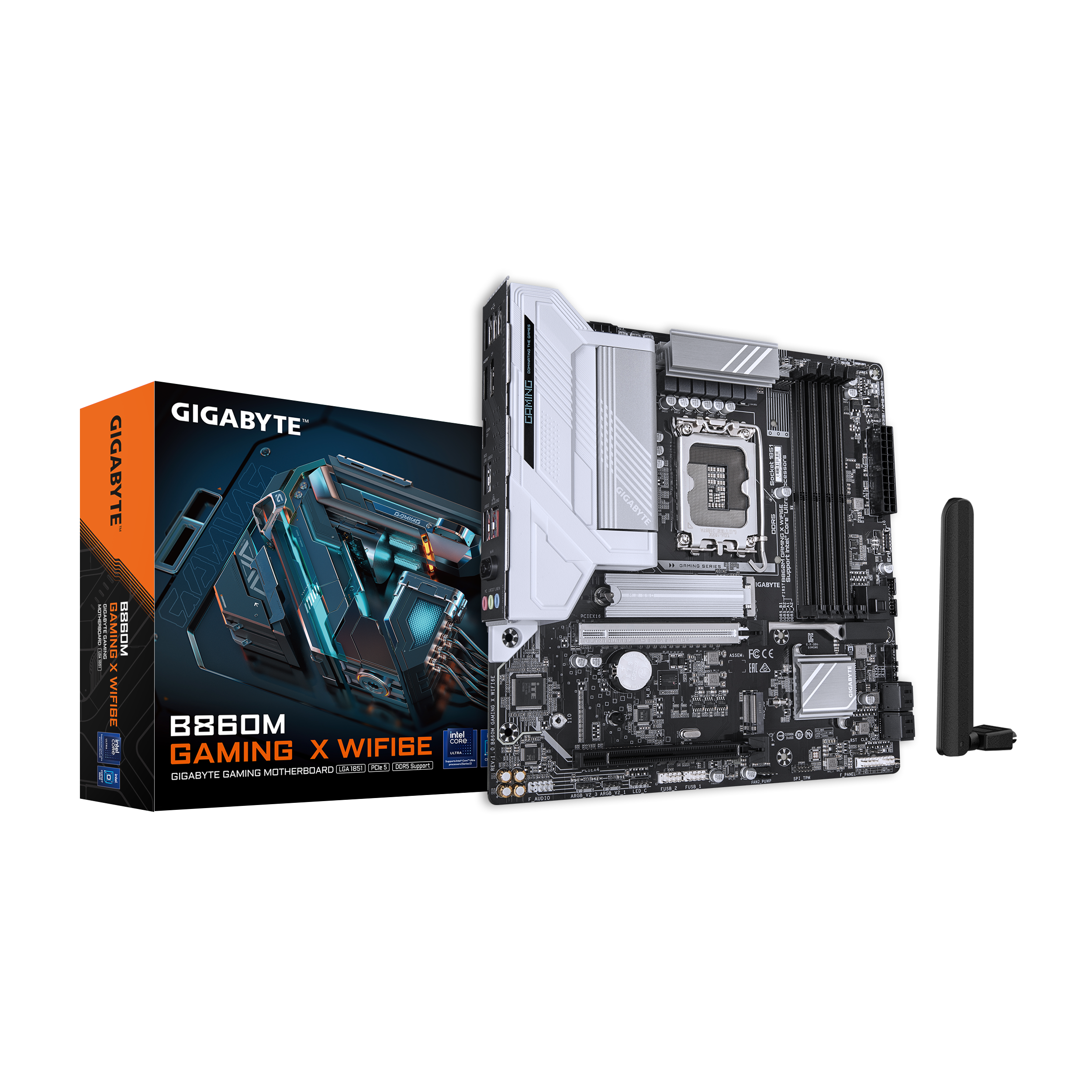 A large main feature product image of Gigabyte B860M Gaming X WiFi6E LGA1851 mATX Desktop Motherboard
