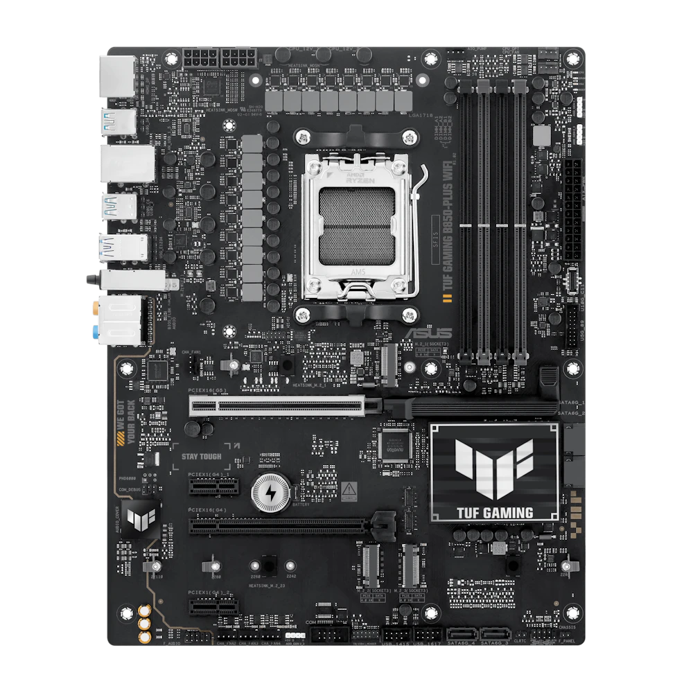 A large main feature product image of ASUS TUF Gaming B850-Plus WiFi AM5 ATX Desktop Motherboard