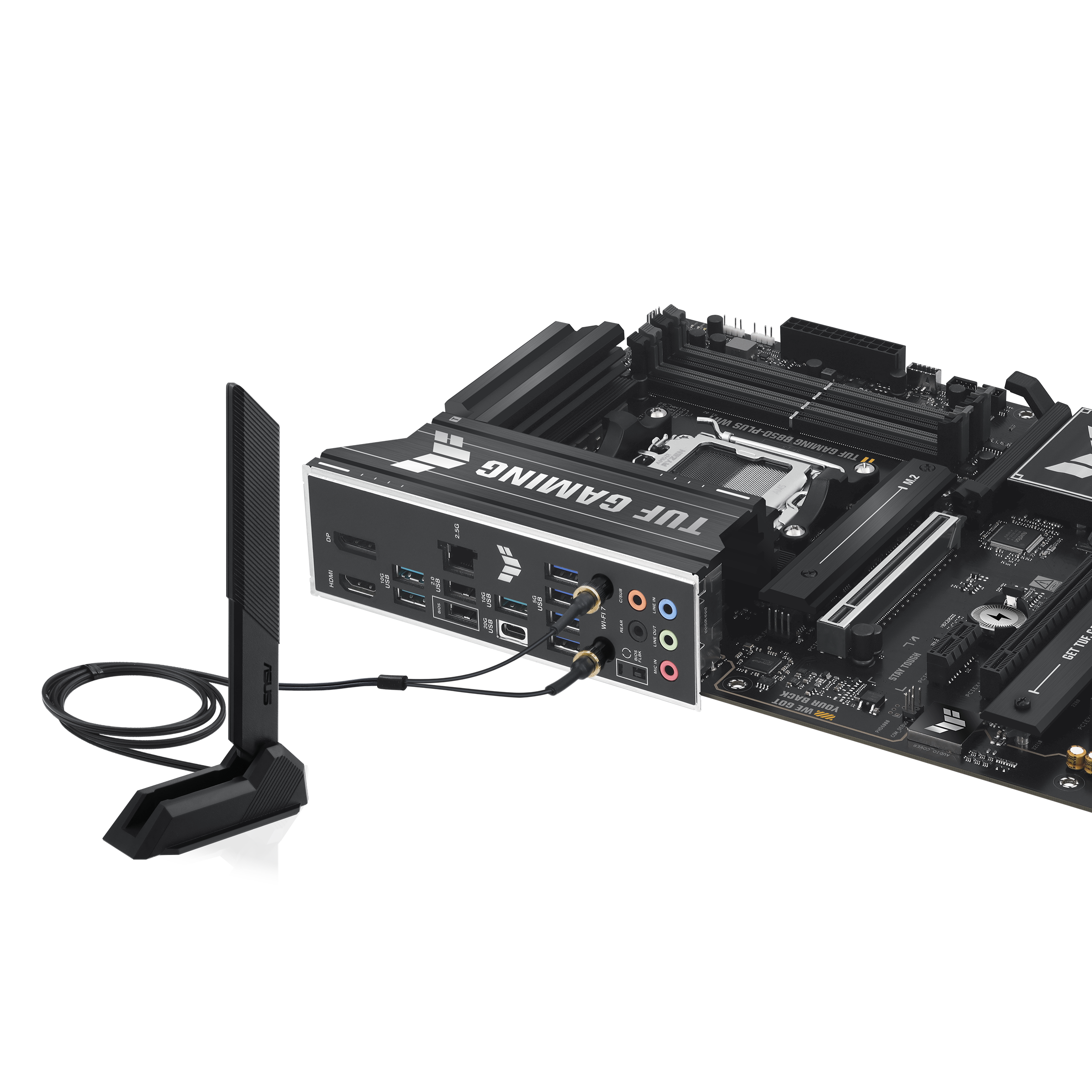 A large main feature product image of ASUS TUF Gaming B850-Plus WiFi AM5 ATX Desktop Motherboard