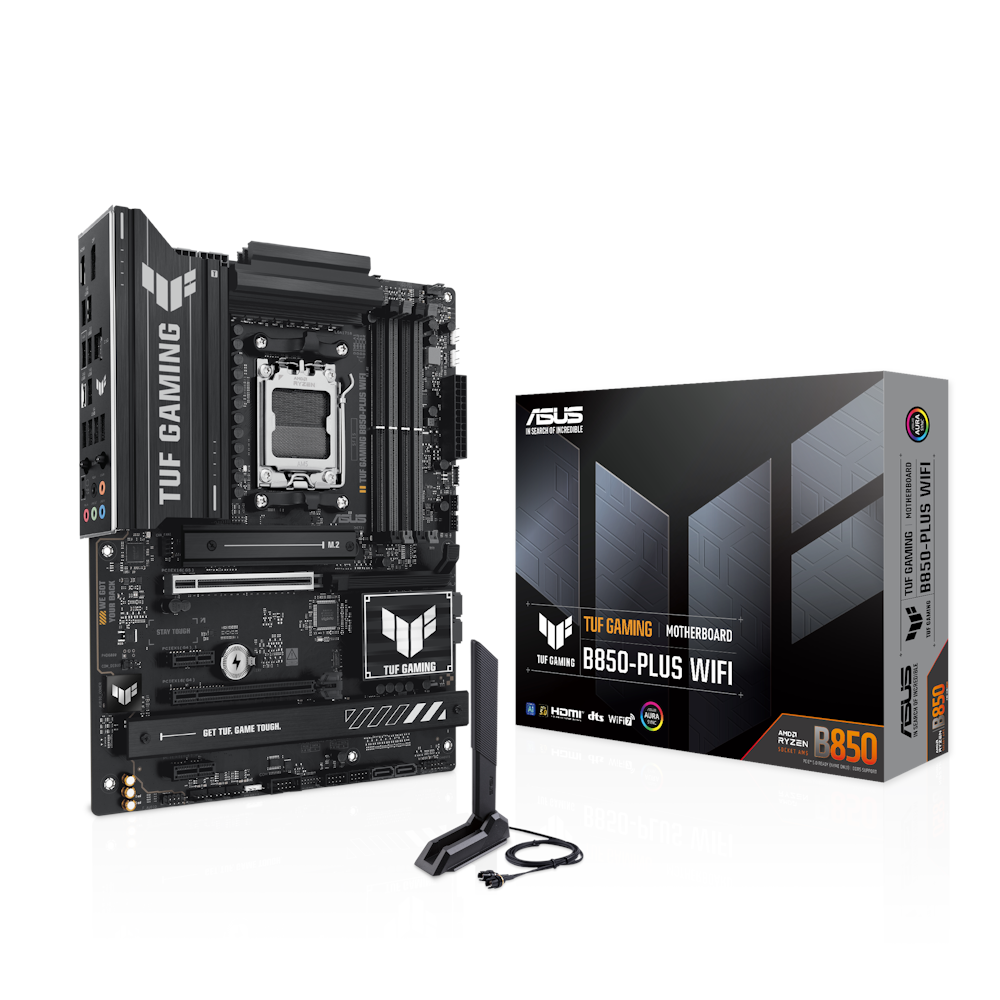 A large main feature product image of ASUS TUF Gaming B850-Plus WiFi AM5 ATX Desktop Motherboard