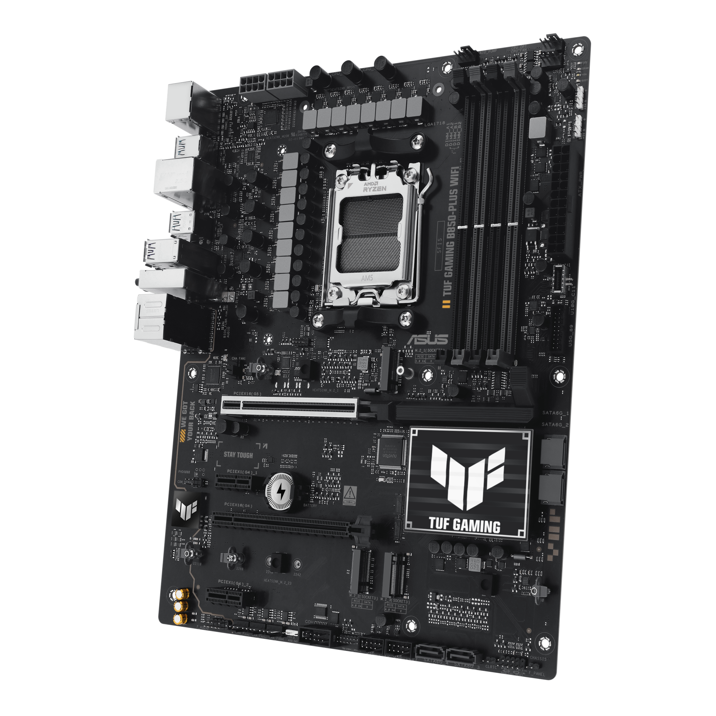 A large main feature product image of ASUS TUF Gaming B850-Plus WiFi AM5 ATX Desktop Motherboard