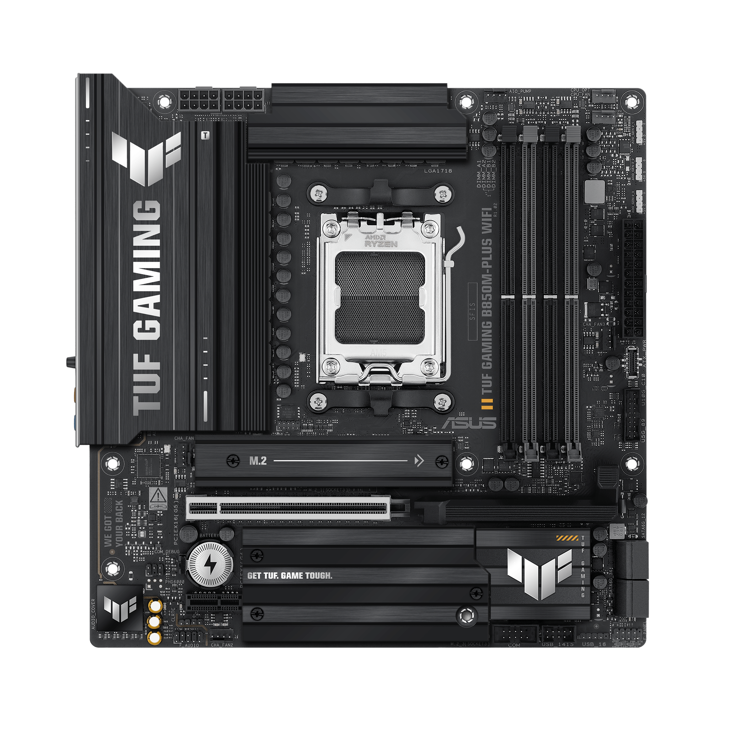 A large main feature product image of ASUS TUF Gaming B850M-Plus WiFi AM5 mATX Desktop Motherboard