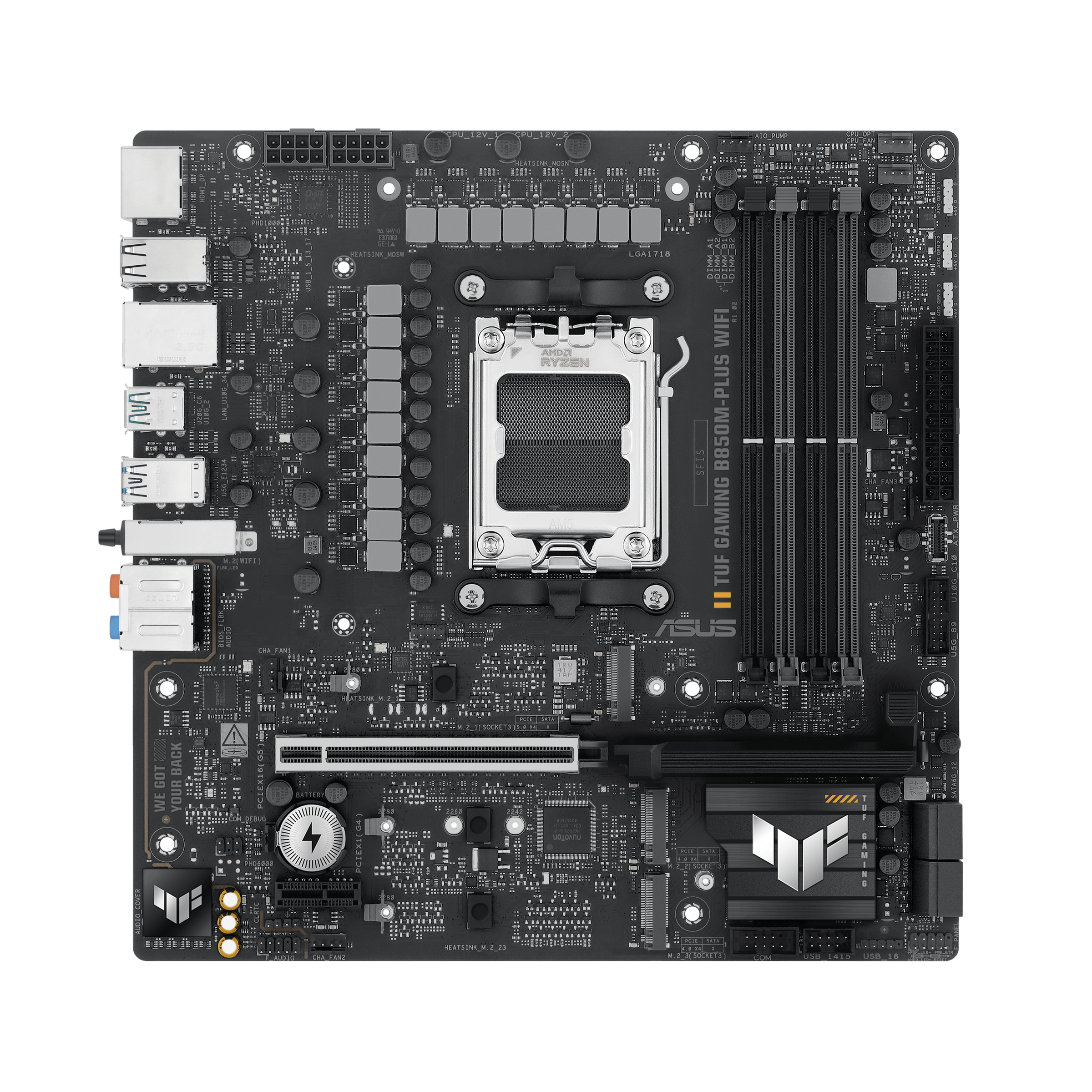 A large main feature product image of ASUS TUF Gaming B850M-Plus WiFi AM5 mATX Desktop Motherboard