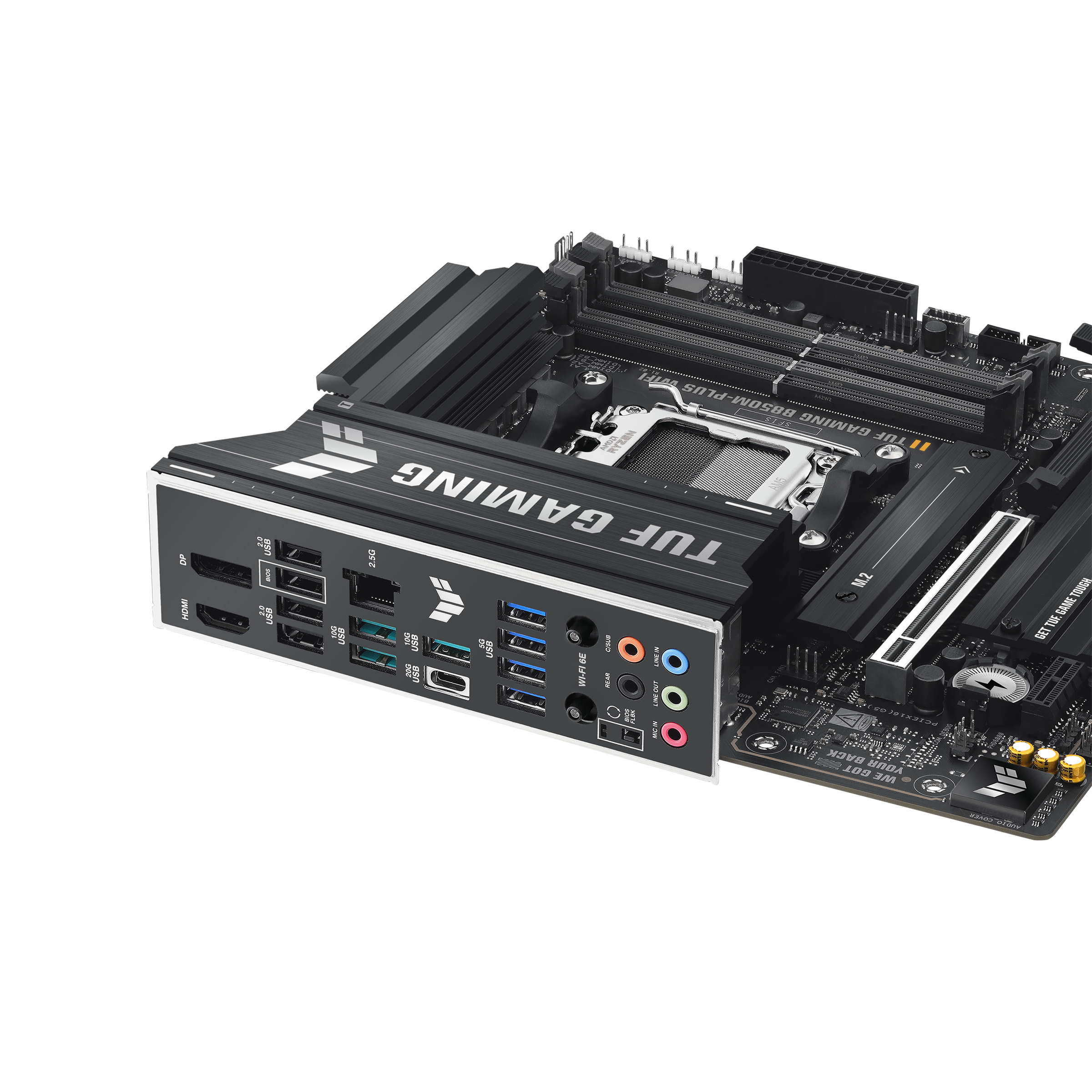 A large main feature product image of ASUS TUF Gaming B850M-Plus WiFi AM5 mATX Desktop Motherboard