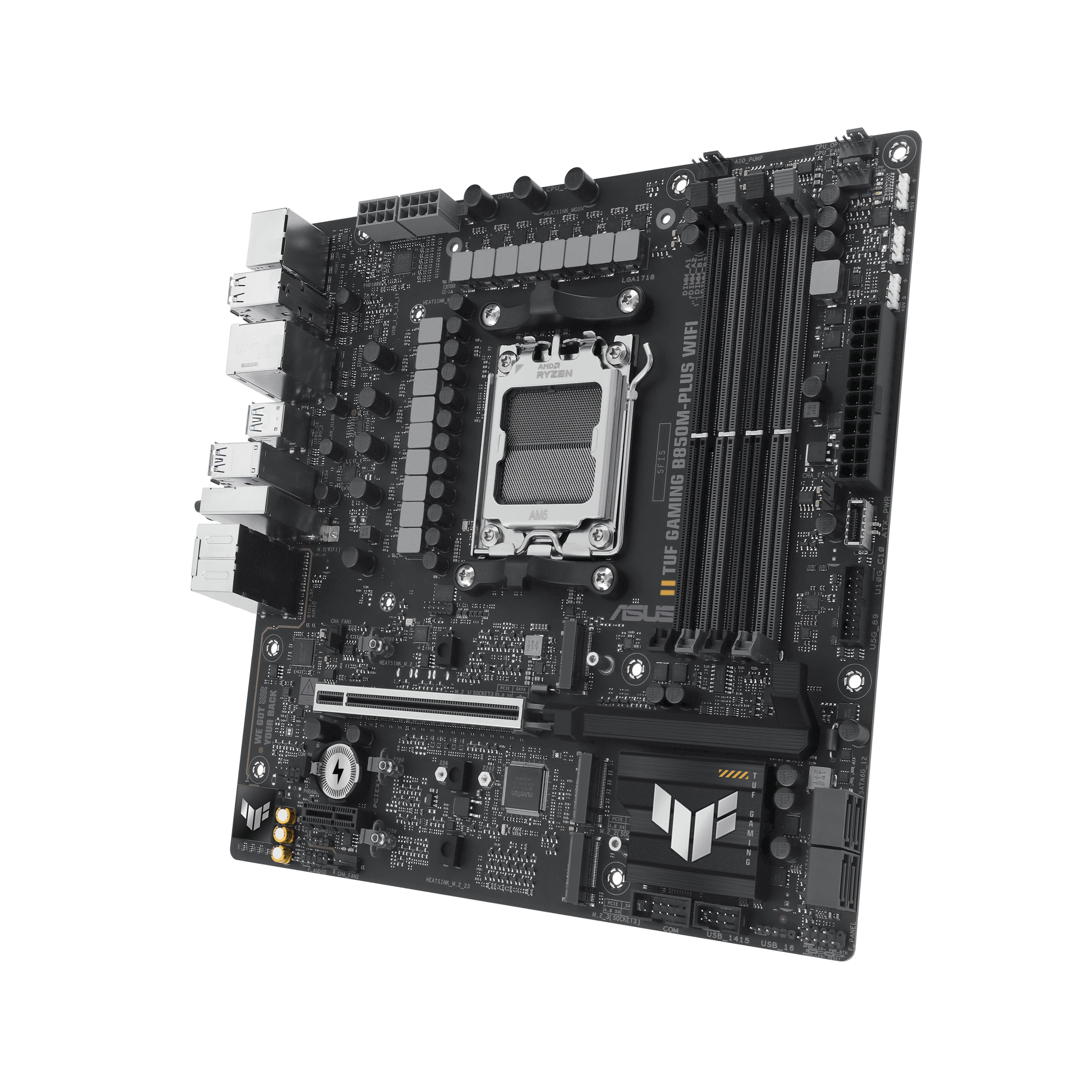 A large main feature product image of ASUS TUF Gaming B850M-Plus WiFi AM5 mATX Desktop Motherboard