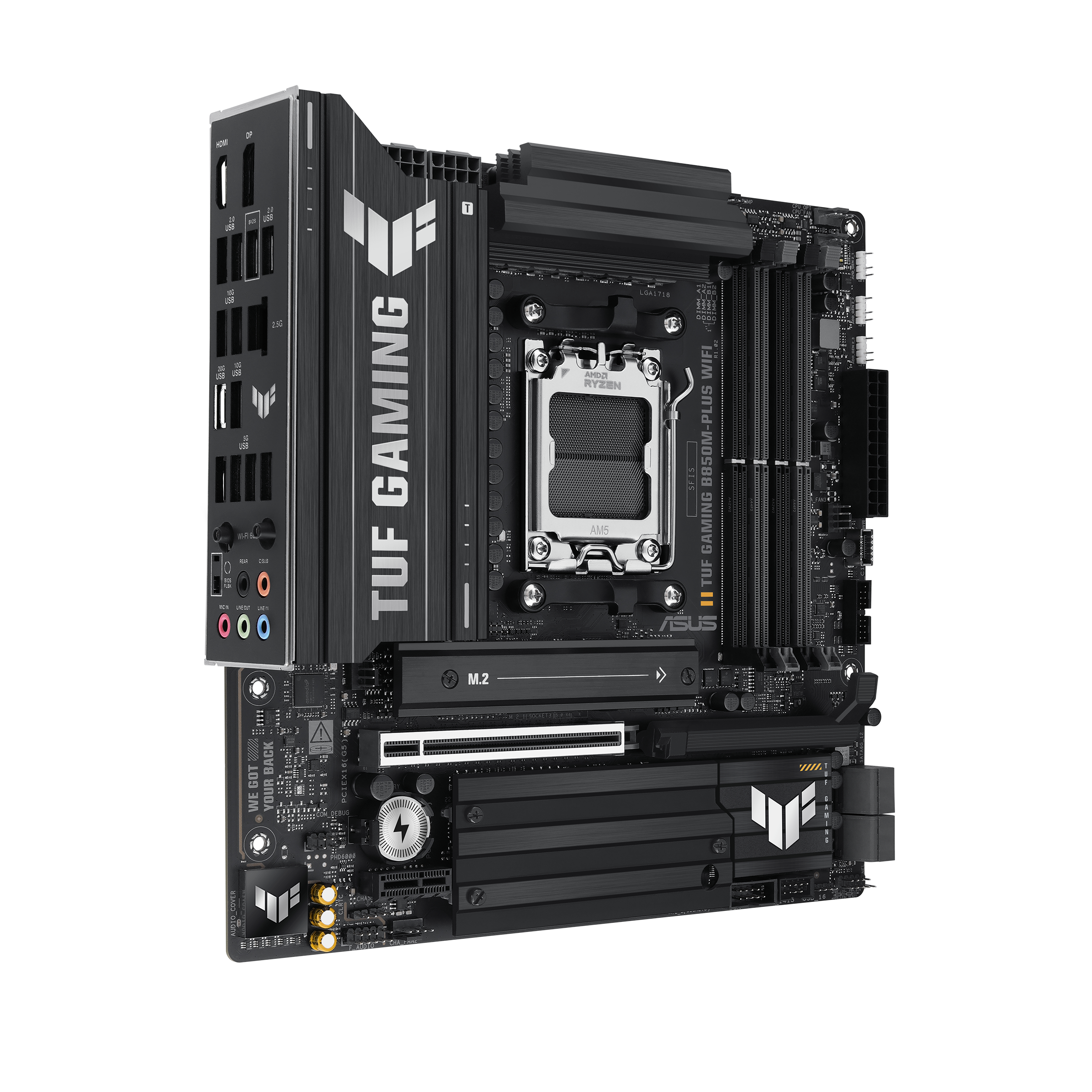 A large main feature product image of ASUS TUF Gaming B850M-Plus WiFi AM5 mATX Desktop Motherboard