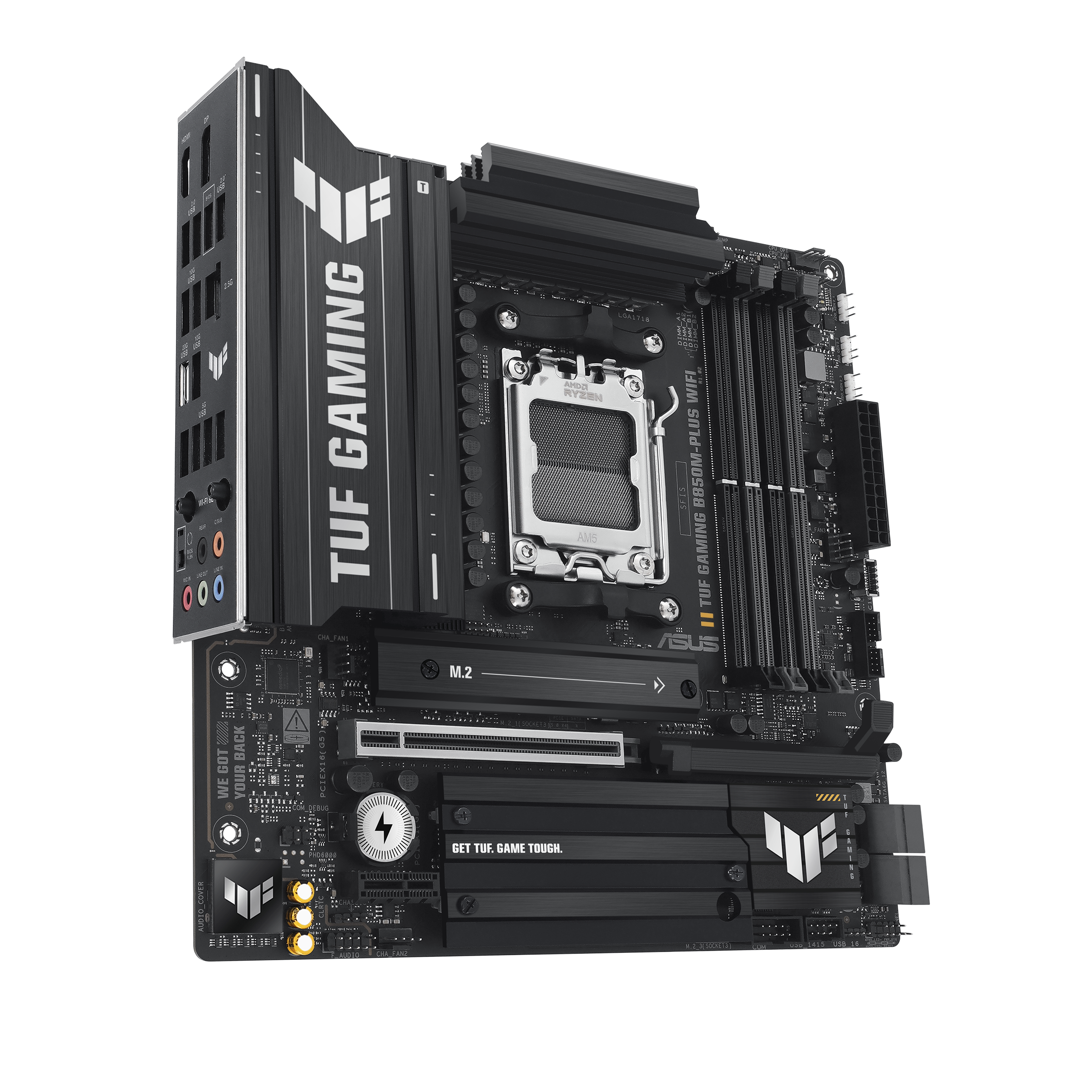 A large main feature product image of ASUS TUF Gaming B850M-Plus WiFi AM5 mATX Desktop Motherboard