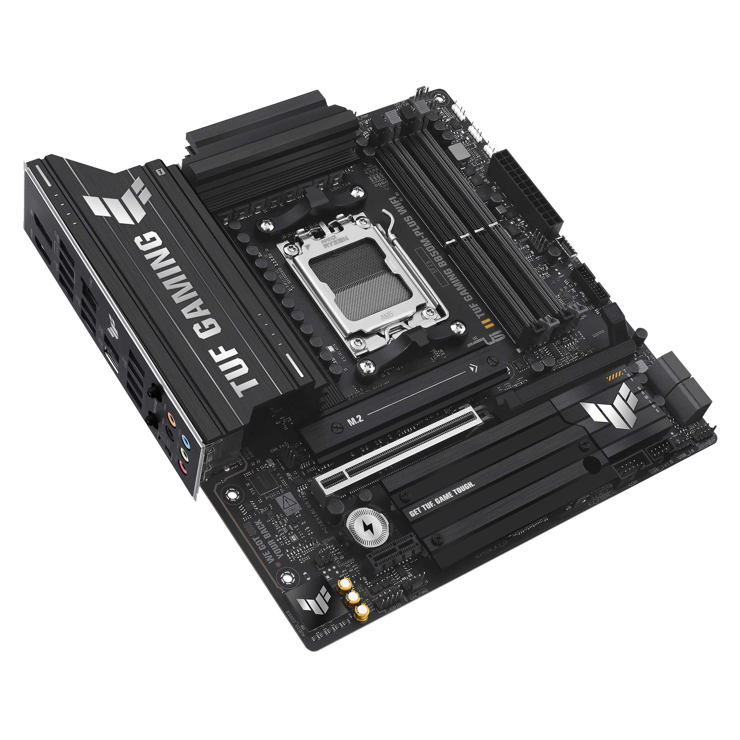 A large main feature product image of ASUS TUF Gaming B850M-Plus WiFi AM5 mATX Desktop Motherboard
