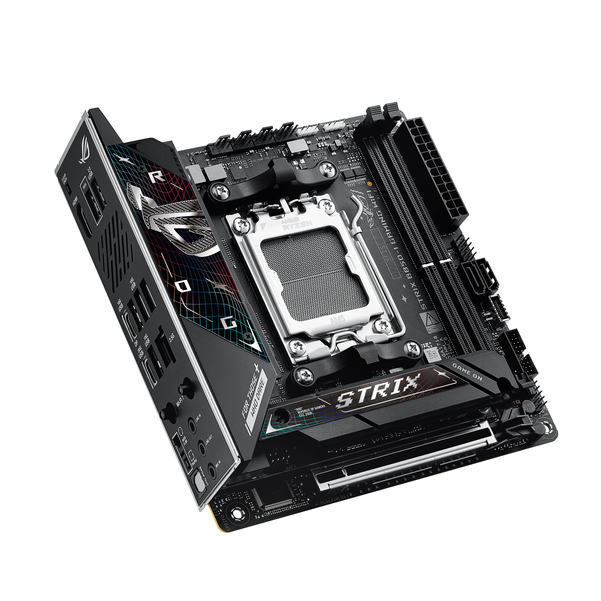 A large main feature product image of ASUS ROG Strix B850-I Gaming WiFi AM5 Mini-ITX Desktop Motherboard