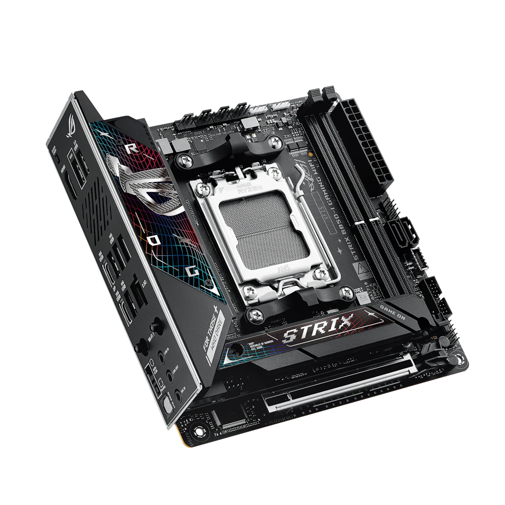 A large main feature product image of ASUS ROG Strix B850-I Gaming WiFi AM5 Mini-ITX Desktop Motherboard