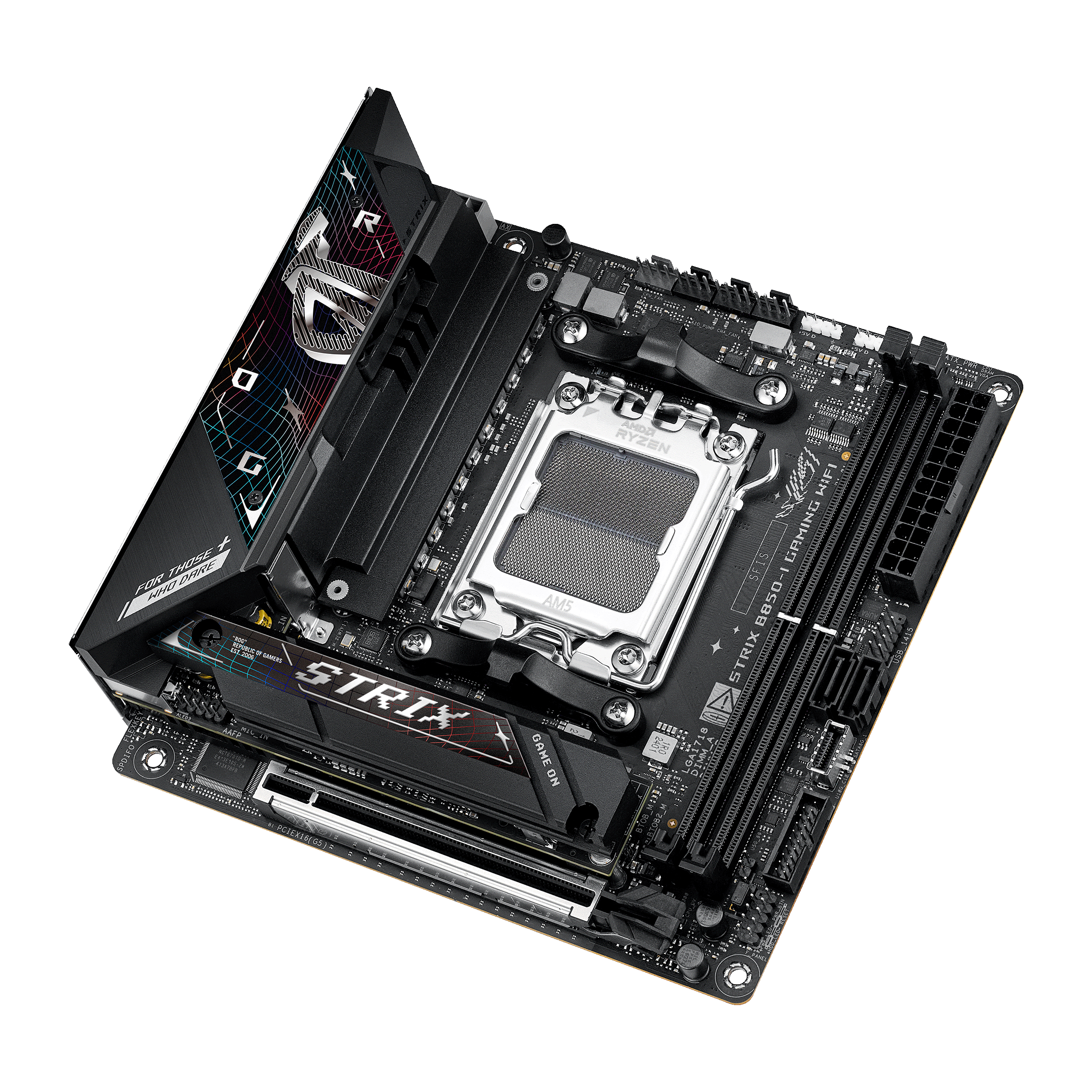 A large main feature product image of ASUS ROG Strix B850-I Gaming WiFi AM5 Mini-ITX Desktop Motherboard