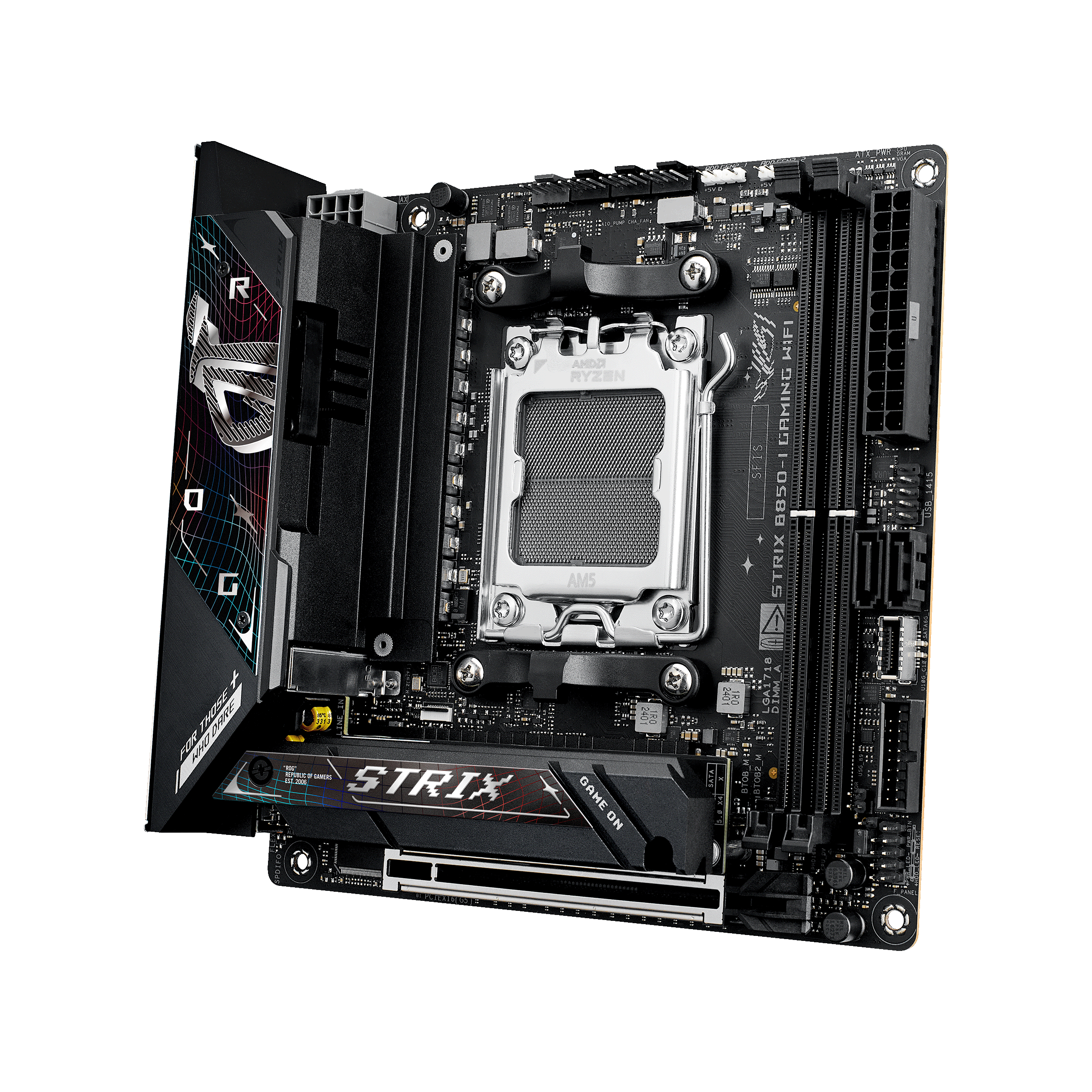 A large main feature product image of ASUS ROG Strix B850-I Gaming WiFi AM5 Mini-ITX Desktop Motherboard