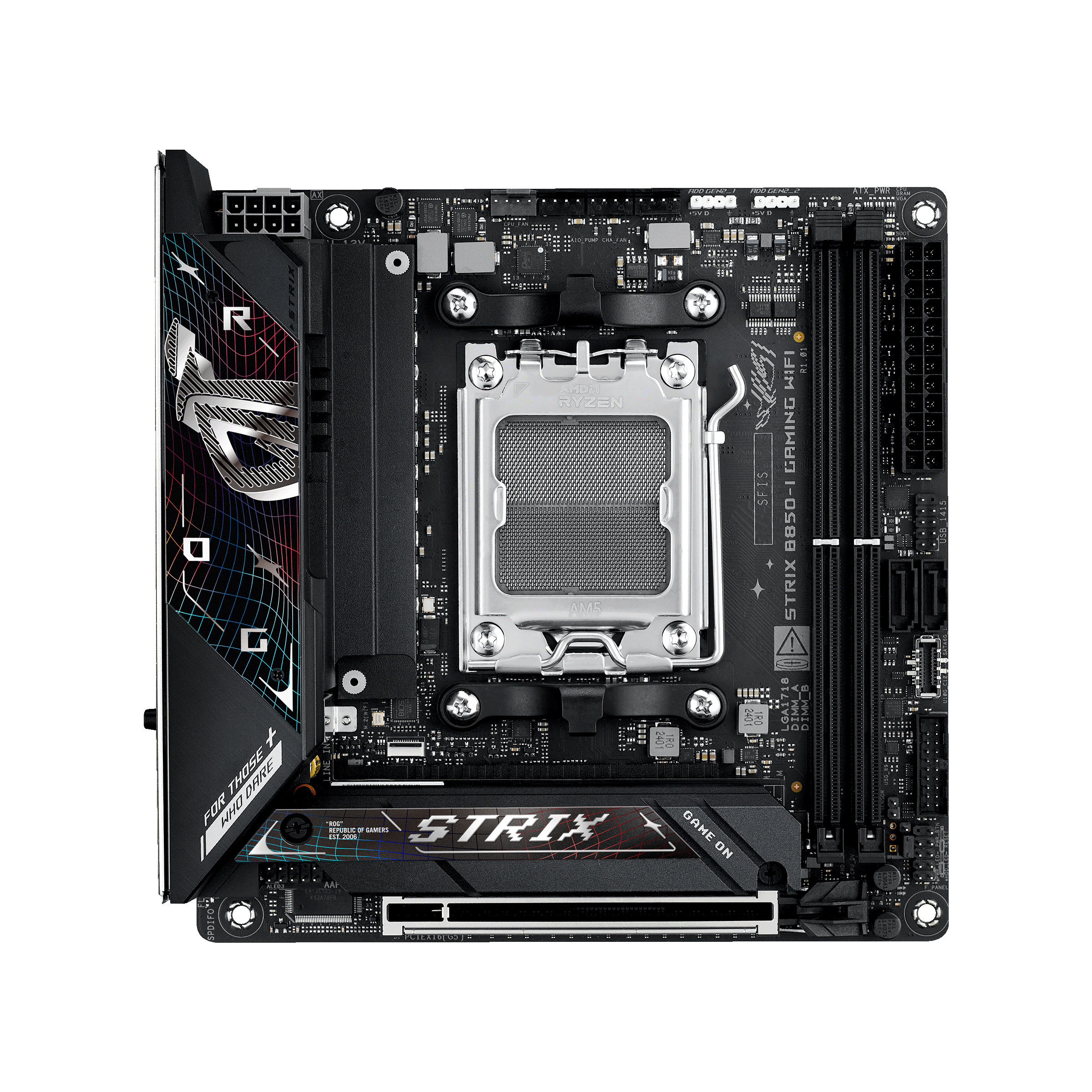 A large main feature product image of ASUS ROG Strix B850-I Gaming WiFi AM5 Mini-ITX Desktop Motherboard