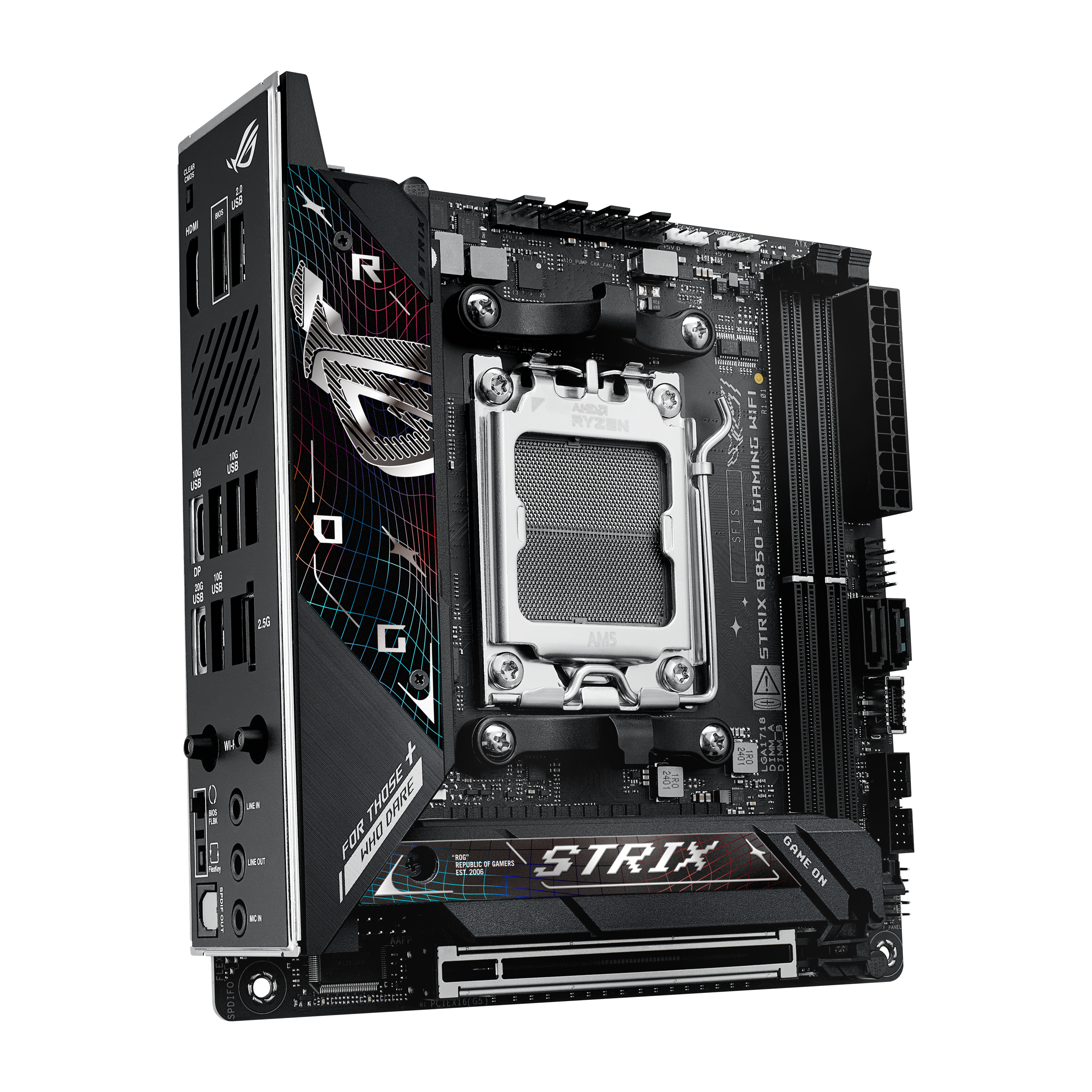 A large main feature product image of ASUS ROG Strix B850-I Gaming WiFi AM5 Mini-ITX Desktop Motherboard