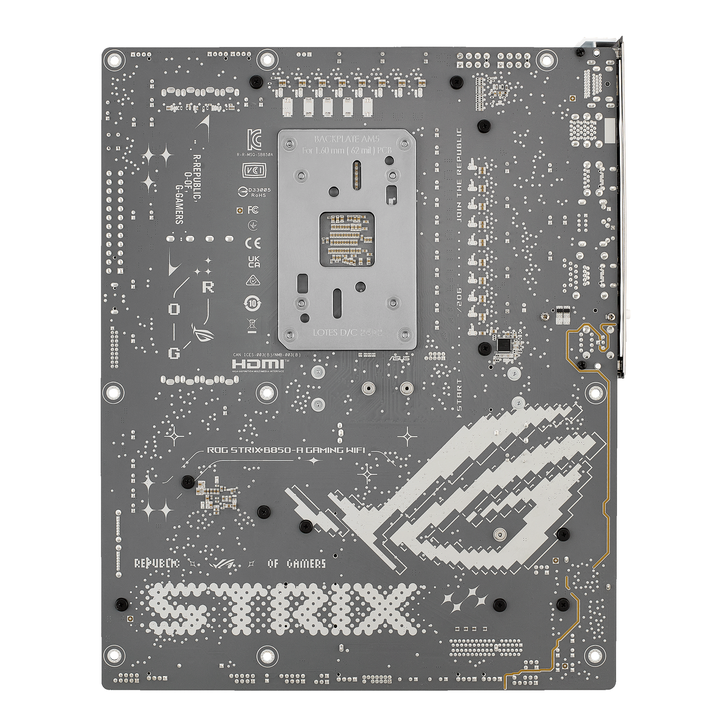 A large main feature product image of ASUS ROG Strix B850-A Gaming WiFi AM5 ATX Desktop Motherboard