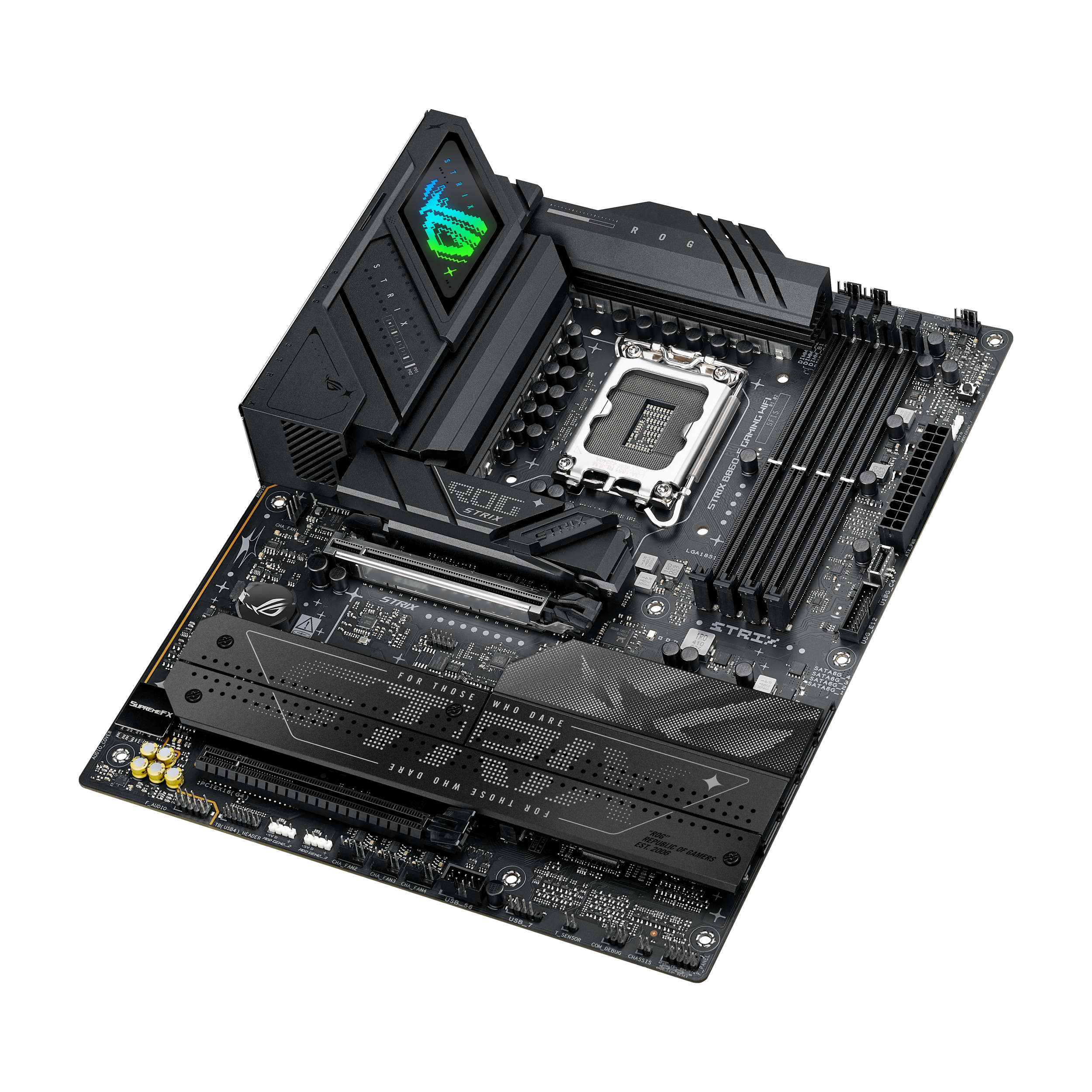 A large main feature product image of ASUS ROG Strix B860-F Gaming WiFi LGA1851 ATX Desktop Motherboard