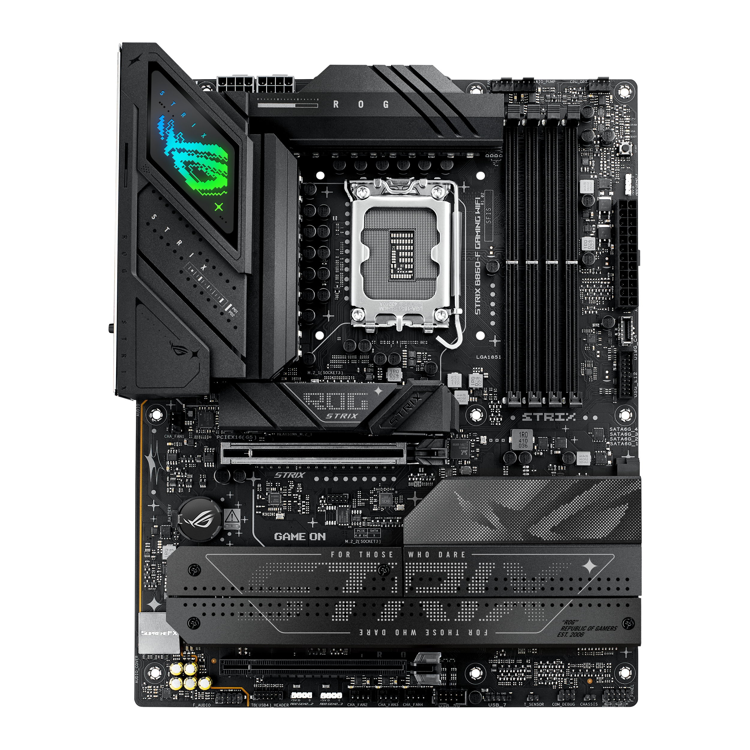 A large main feature product image of ASUS ROG Strix B860-F Gaming WiFi LGA1851 ATX Desktop Motherboard