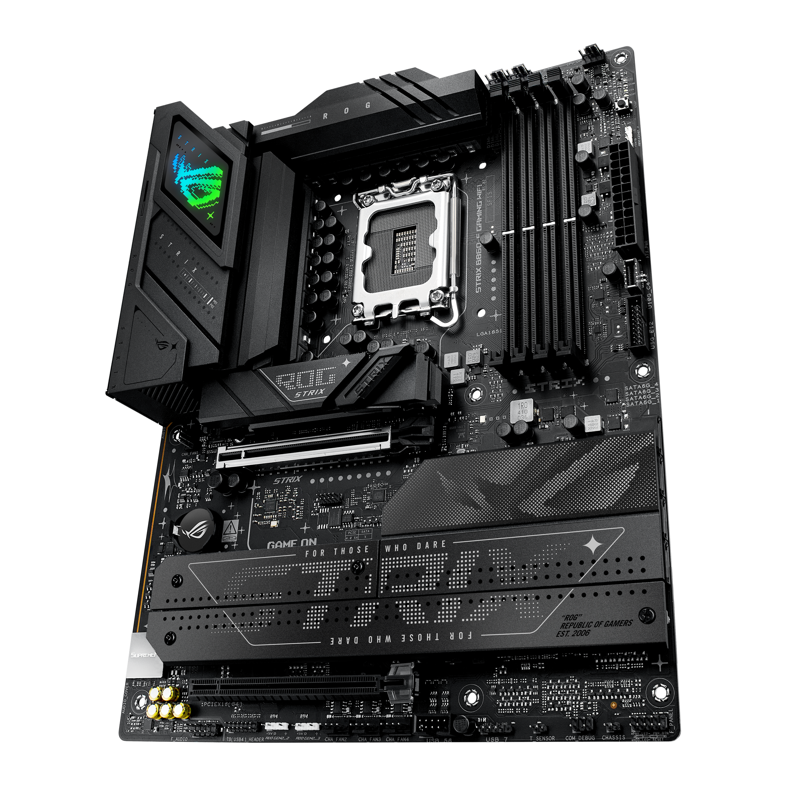 A large main feature product image of ASUS ROG Strix B860-F Gaming WiFi LGA1851 ATX Desktop Motherboard