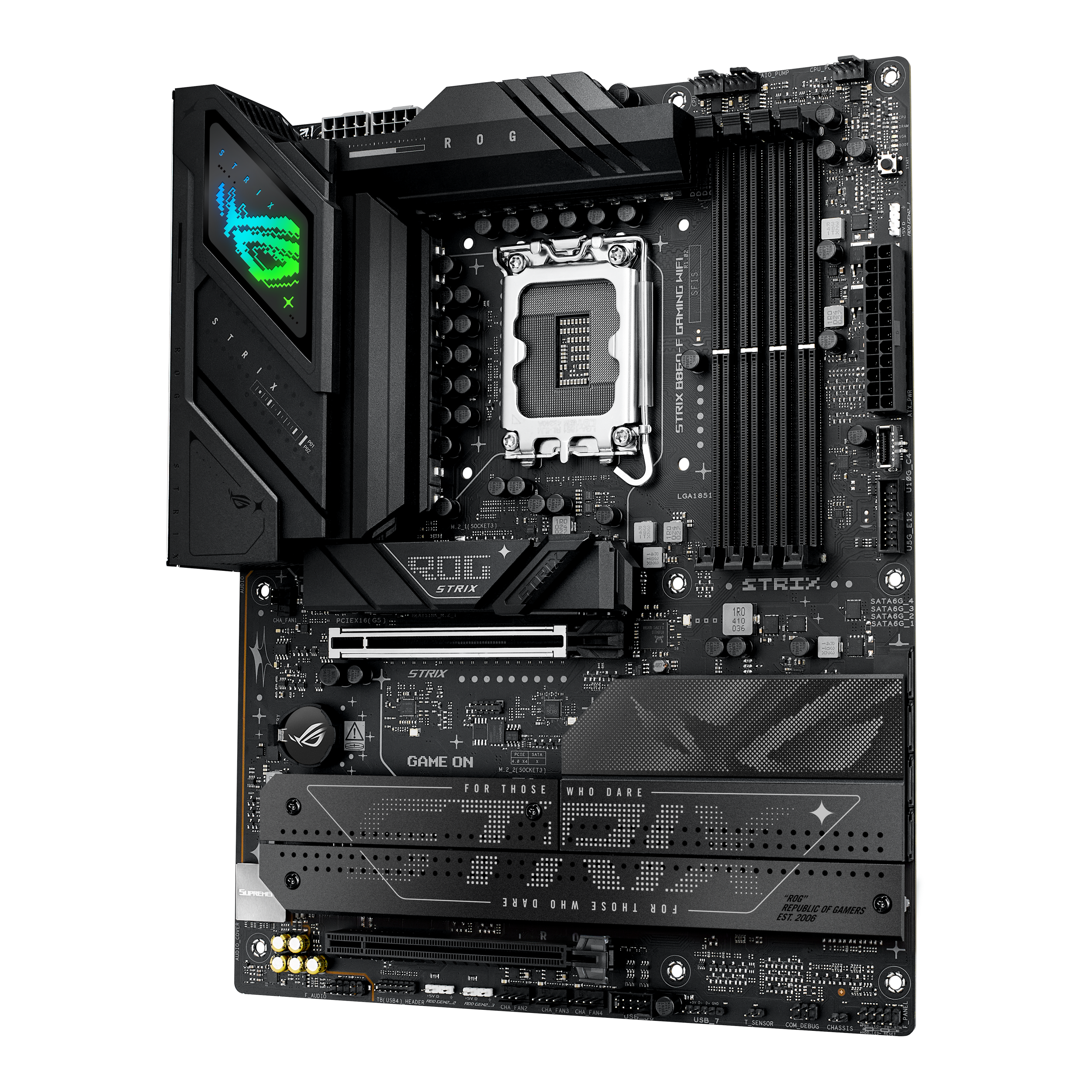 A large main feature product image of ASUS ROG Strix B860-F Gaming WiFi LGA1851 ATX Desktop Motherboard