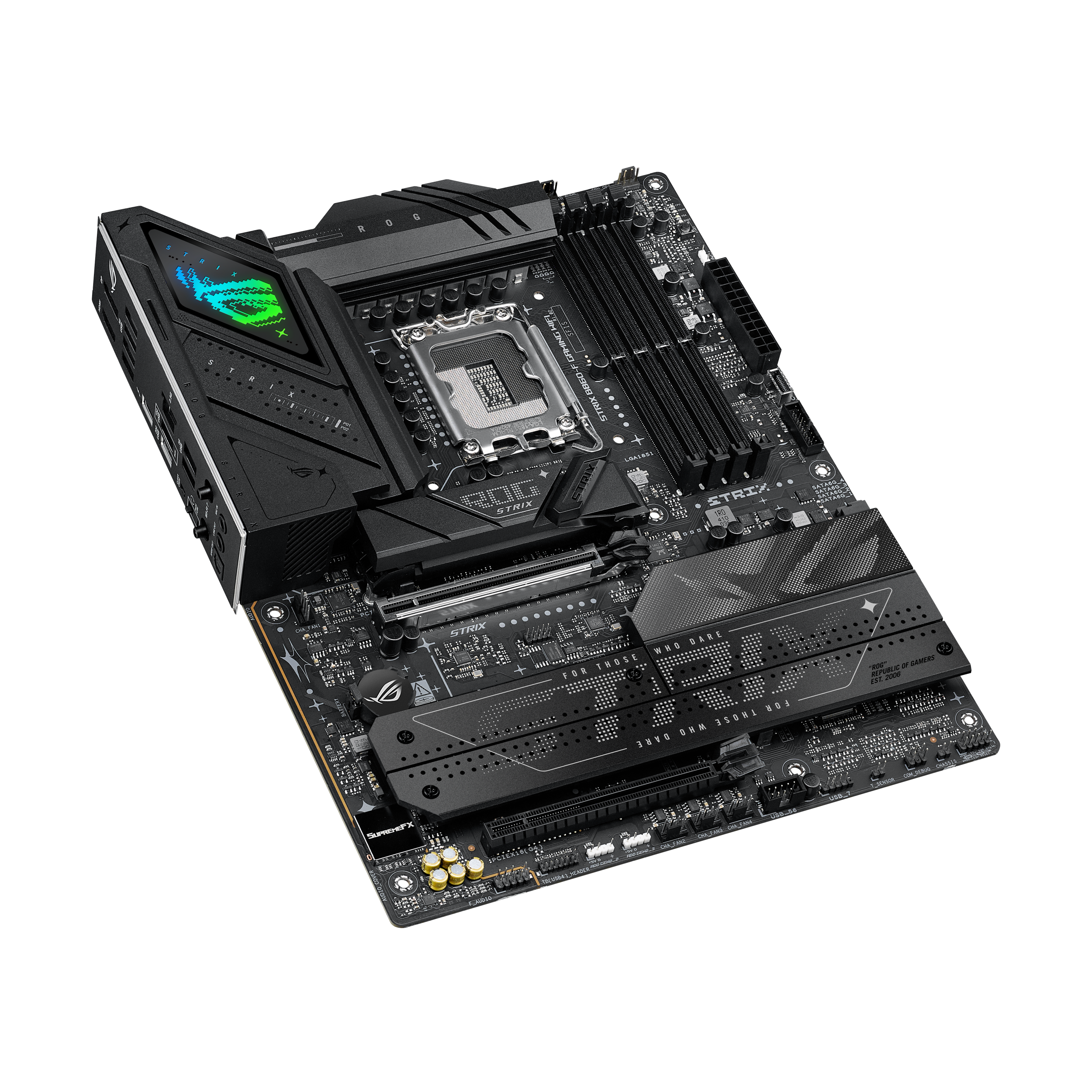 A large main feature product image of ASUS ROG Strix B860-F Gaming WiFi LGA1851 ATX Desktop Motherboard