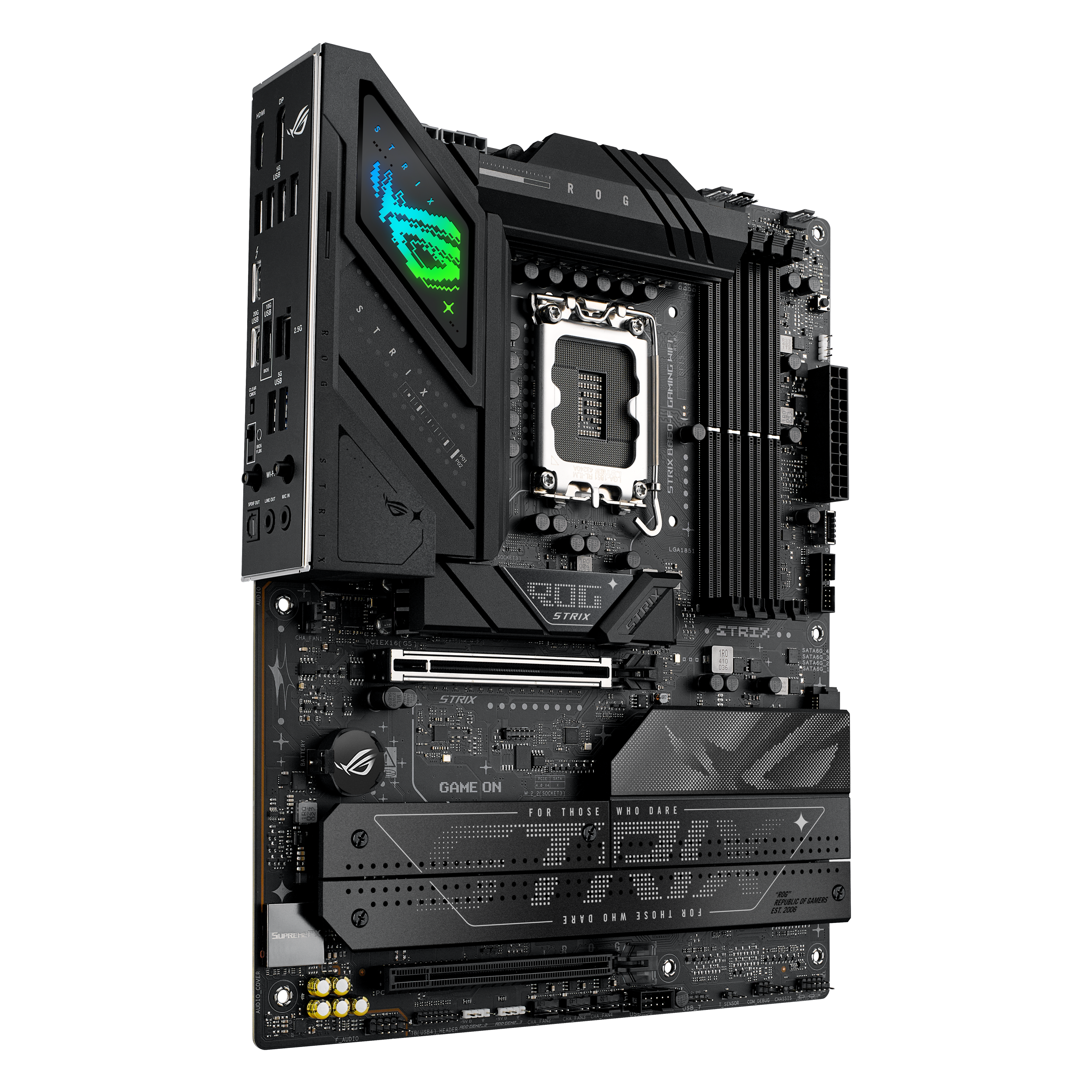 A large main feature product image of ASUS ROG Strix B860-F Gaming WiFi LGA1851 ATX Desktop Motherboard