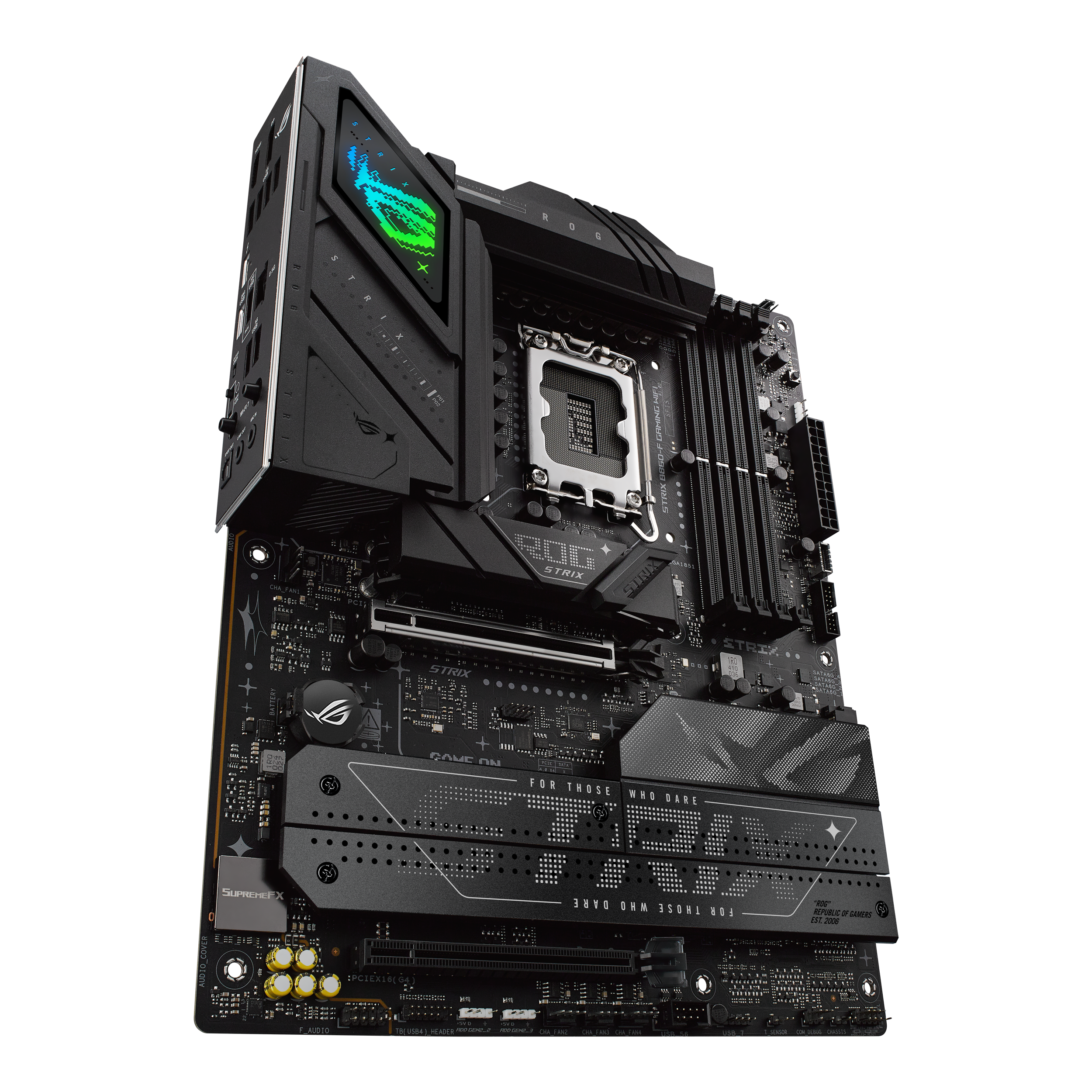 A large main feature product image of ASUS ROG Strix B860-F Gaming WiFi LGA1851 ATX Desktop Motherboard