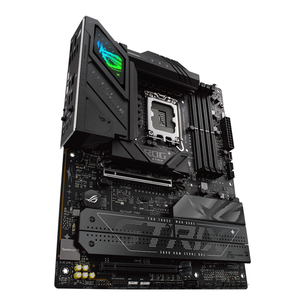 A large main feature product image of ASUS ROG Strix B860-F Gaming WiFi LGA1851 ATX Desktop Motherboard