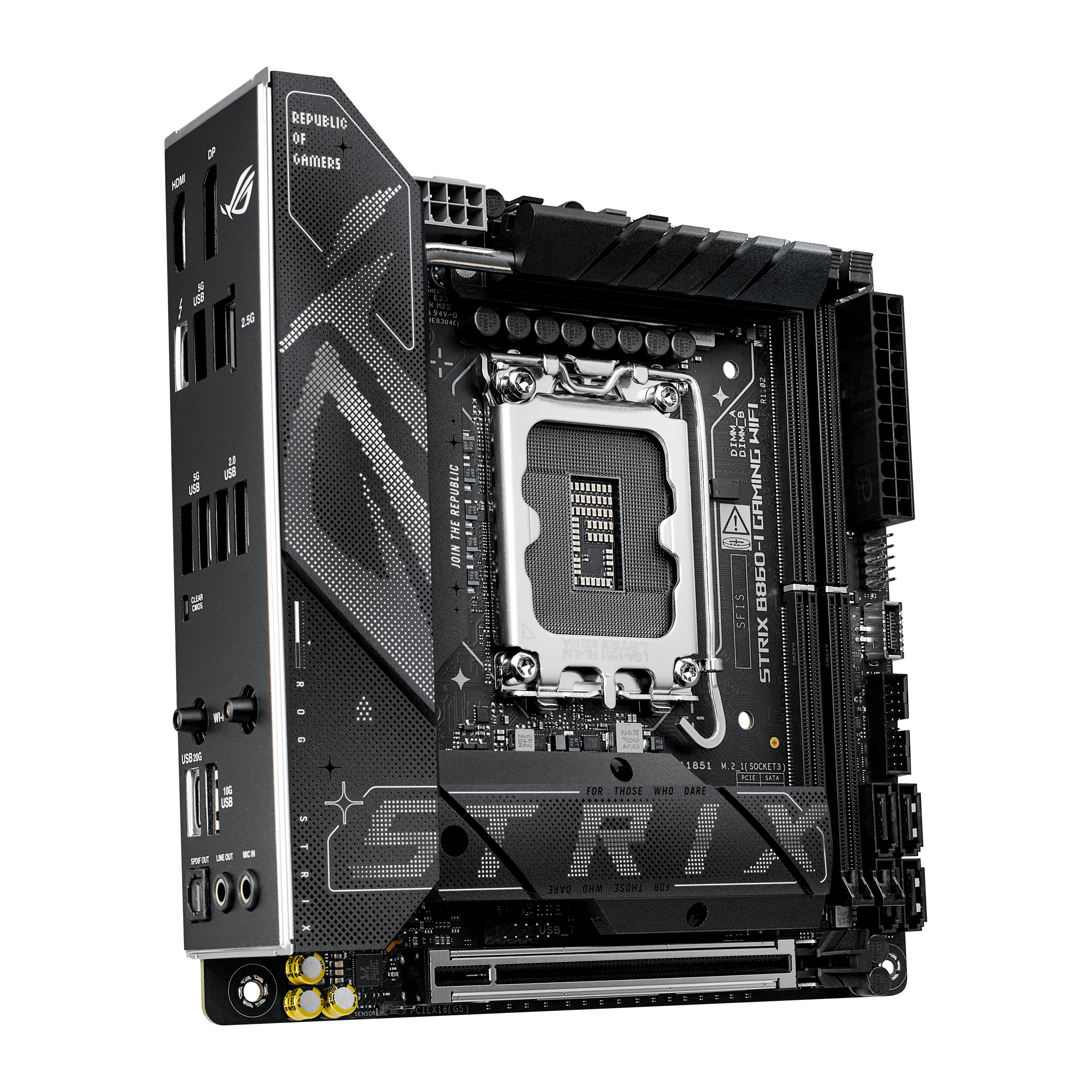 A large main feature product image of ASUS ROG Strix B860-I Gaming WiFi LGA1851 Mini-ITX Desktop Motherboard