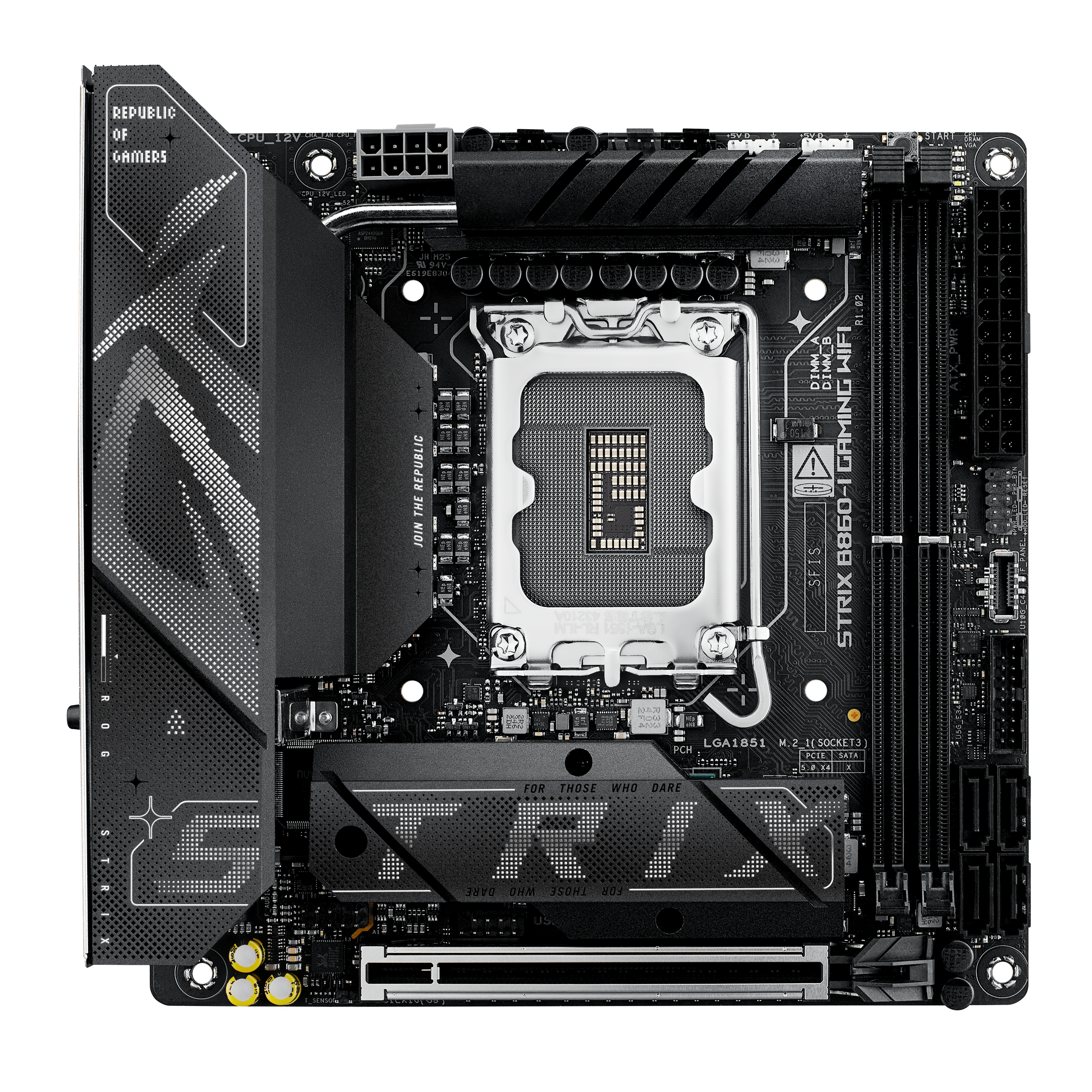 A large main feature product image of ASUS ROG Strix B860-I Gaming WiFi LGA1851 Mini-ITX Desktop Motherboard