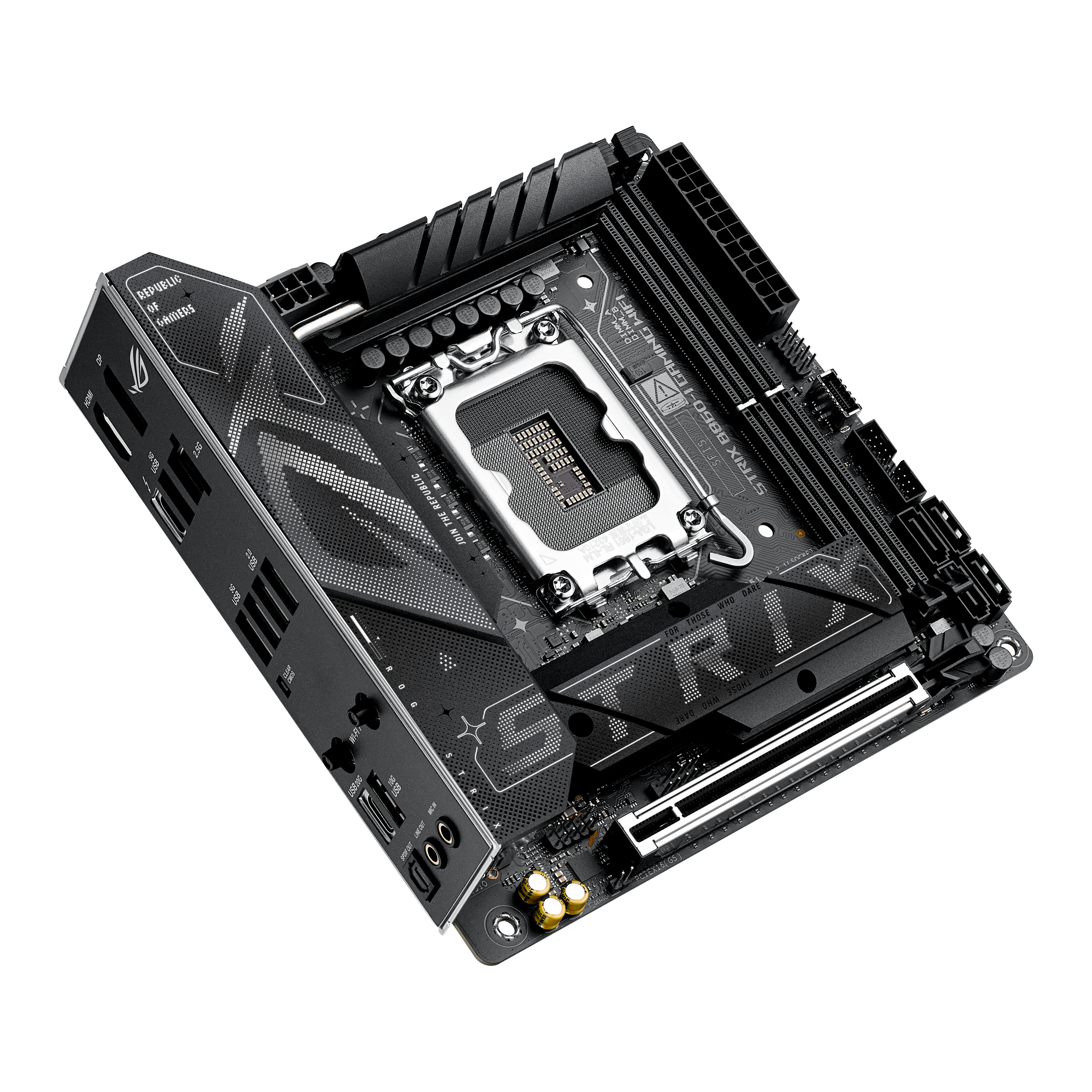 A large main feature product image of ASUS ROG Strix B860-I Gaming WiFi LGA1851 Mini-ITX Desktop Motherboard