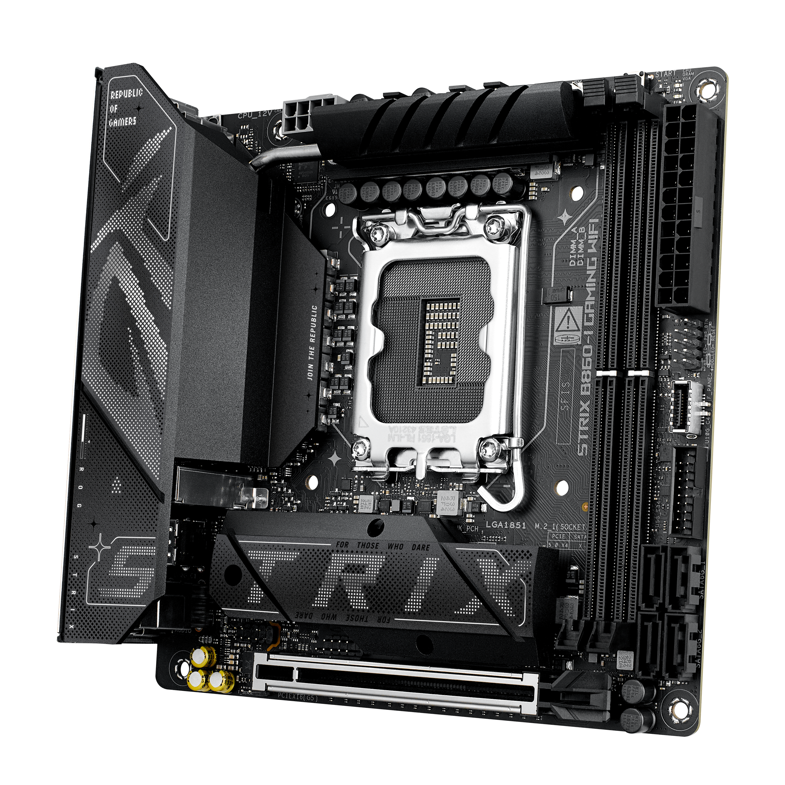 A large main feature product image of ASUS ROG Strix B860-I Gaming WiFi LGA1851 Mini-ITX Desktop Motherboard