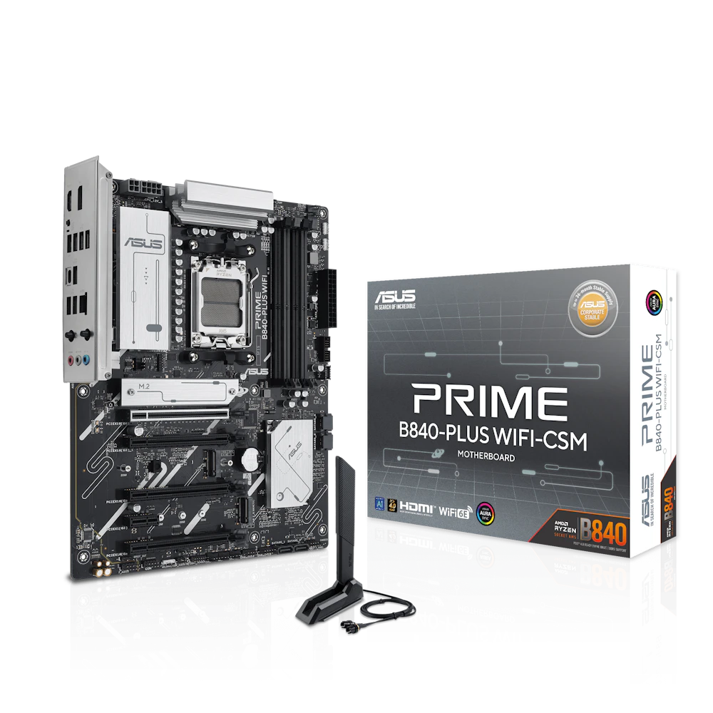 A large main feature product image of ASUS PRIME B840-Plus WiFi-CSM AM5 ATX Desktop Motherboard