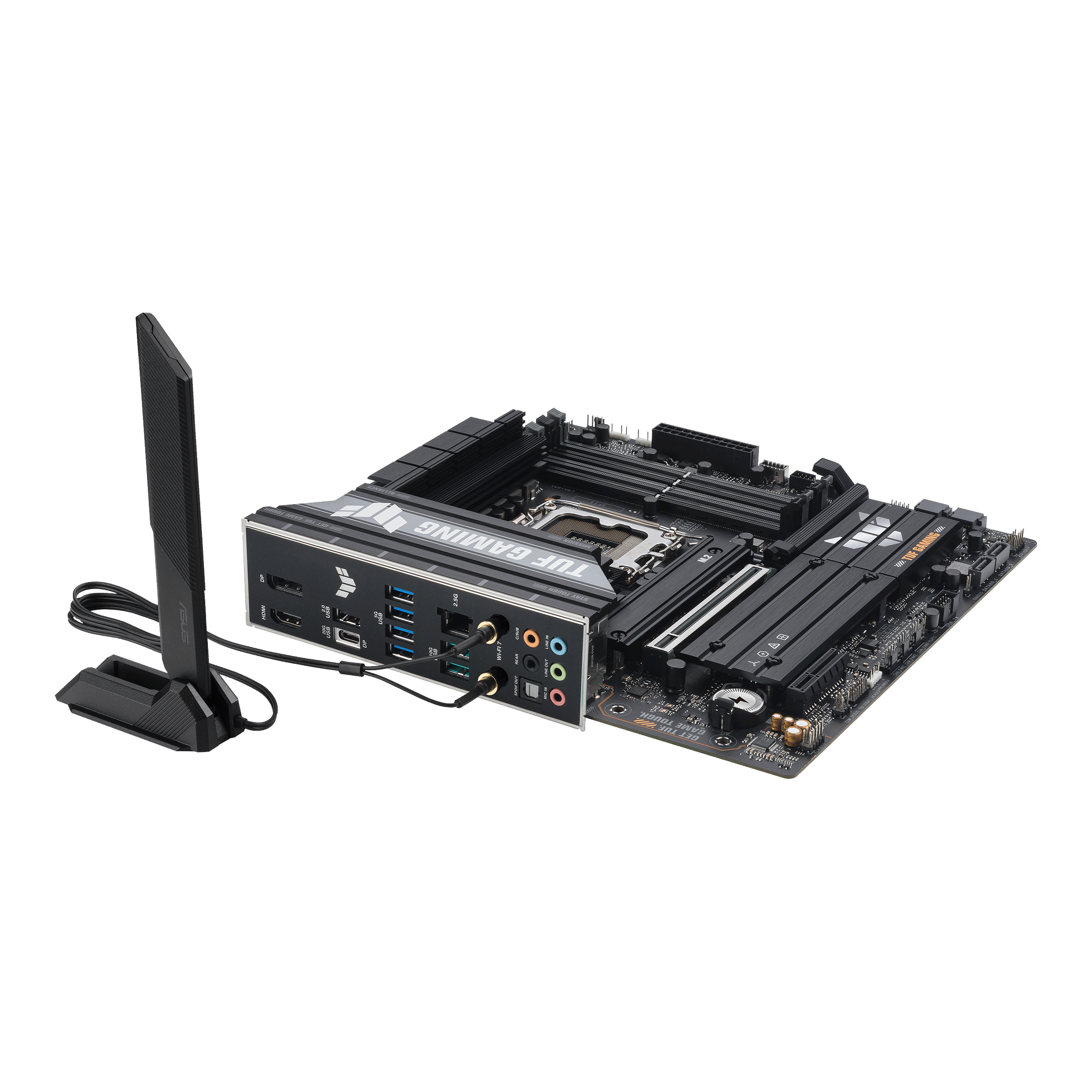 A large main feature product image of ASUS TUF Gaming B860M-PLUS WiFi LGA1851 mATX Desktop Motherboard